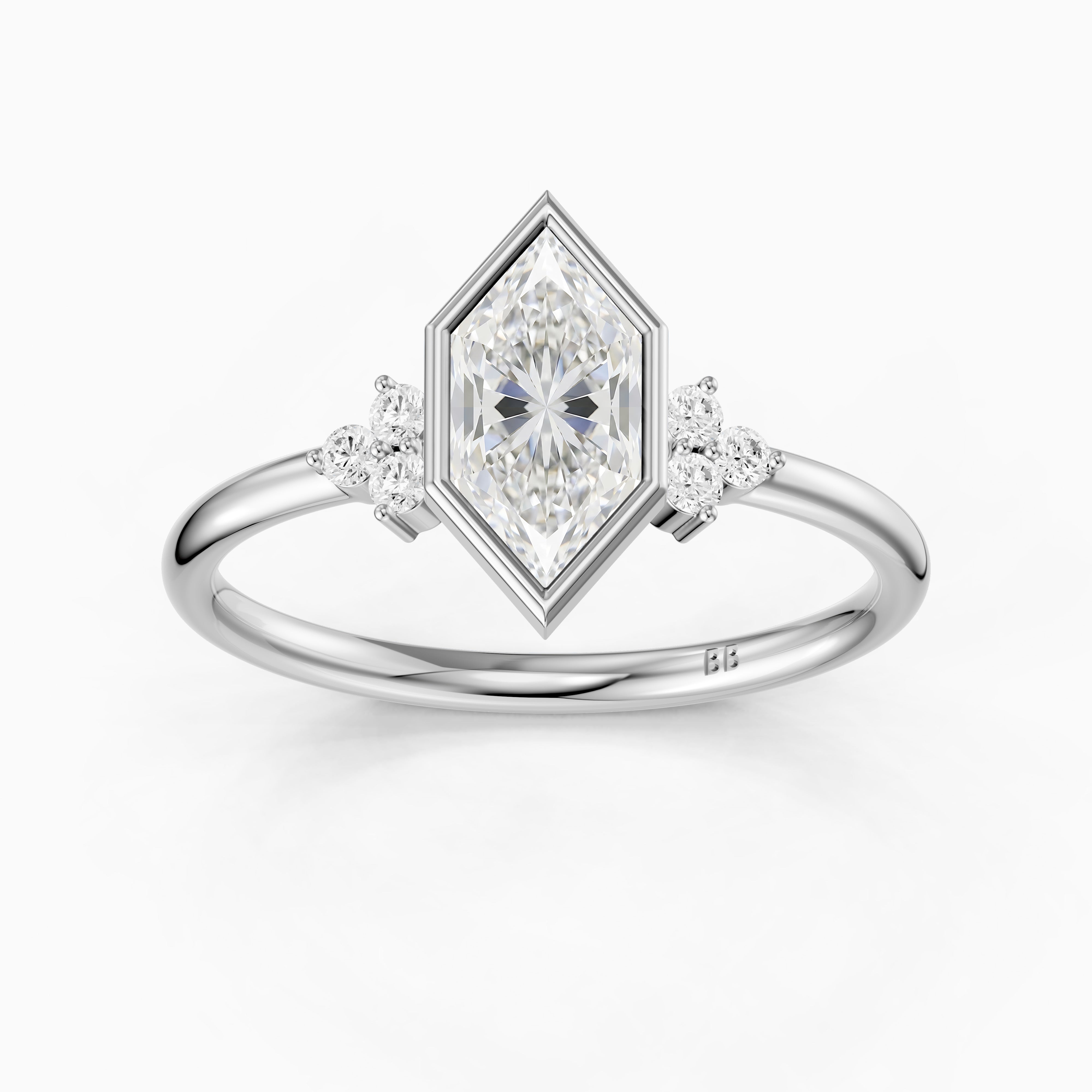 Arden Bezel Set Dutch Marquise Lab Grown Diamond Ring with Round Side Stones