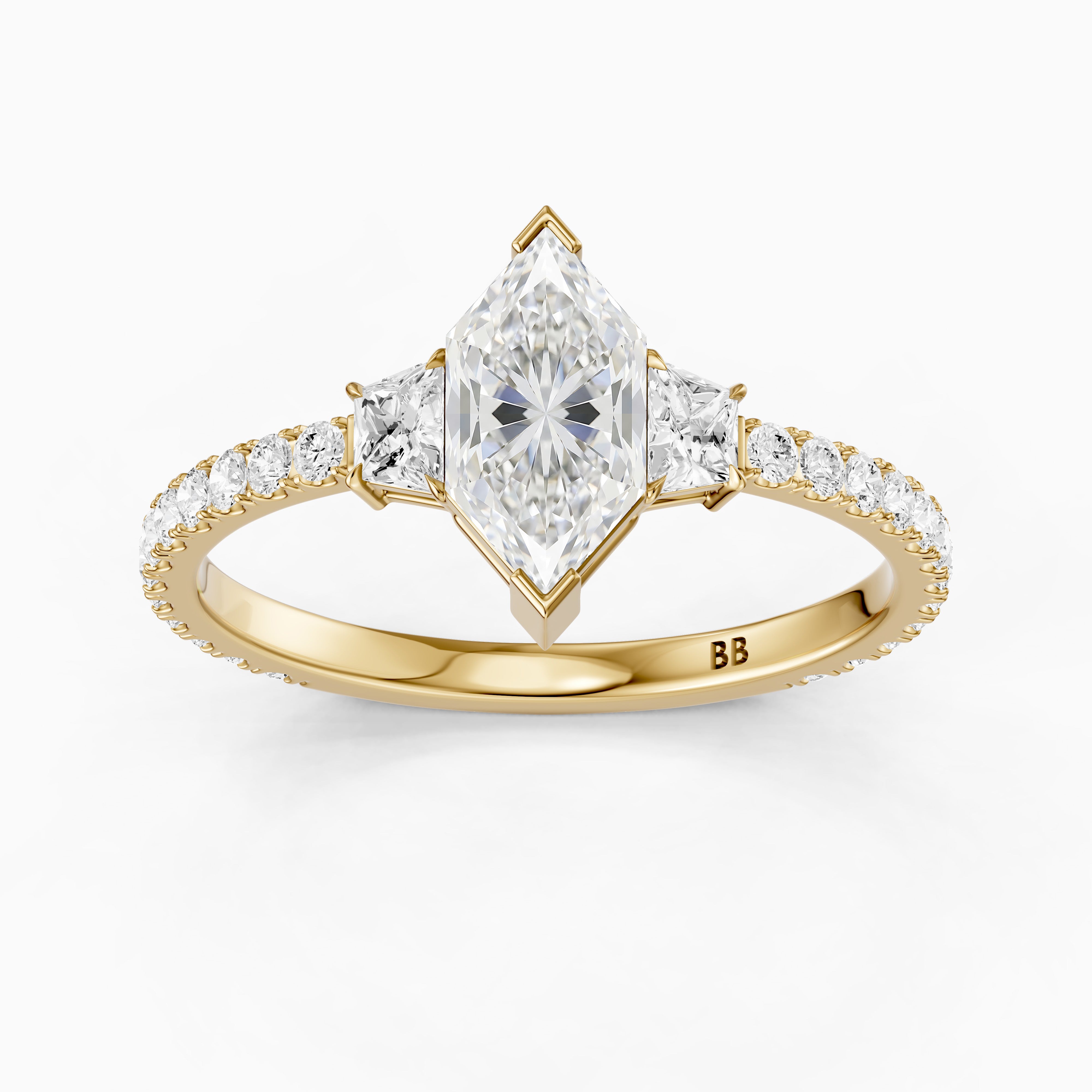 Birdie Dutch Marquise Lab Grown Diamond Ring with Trapezoid Side Diamonds and Pave Shank