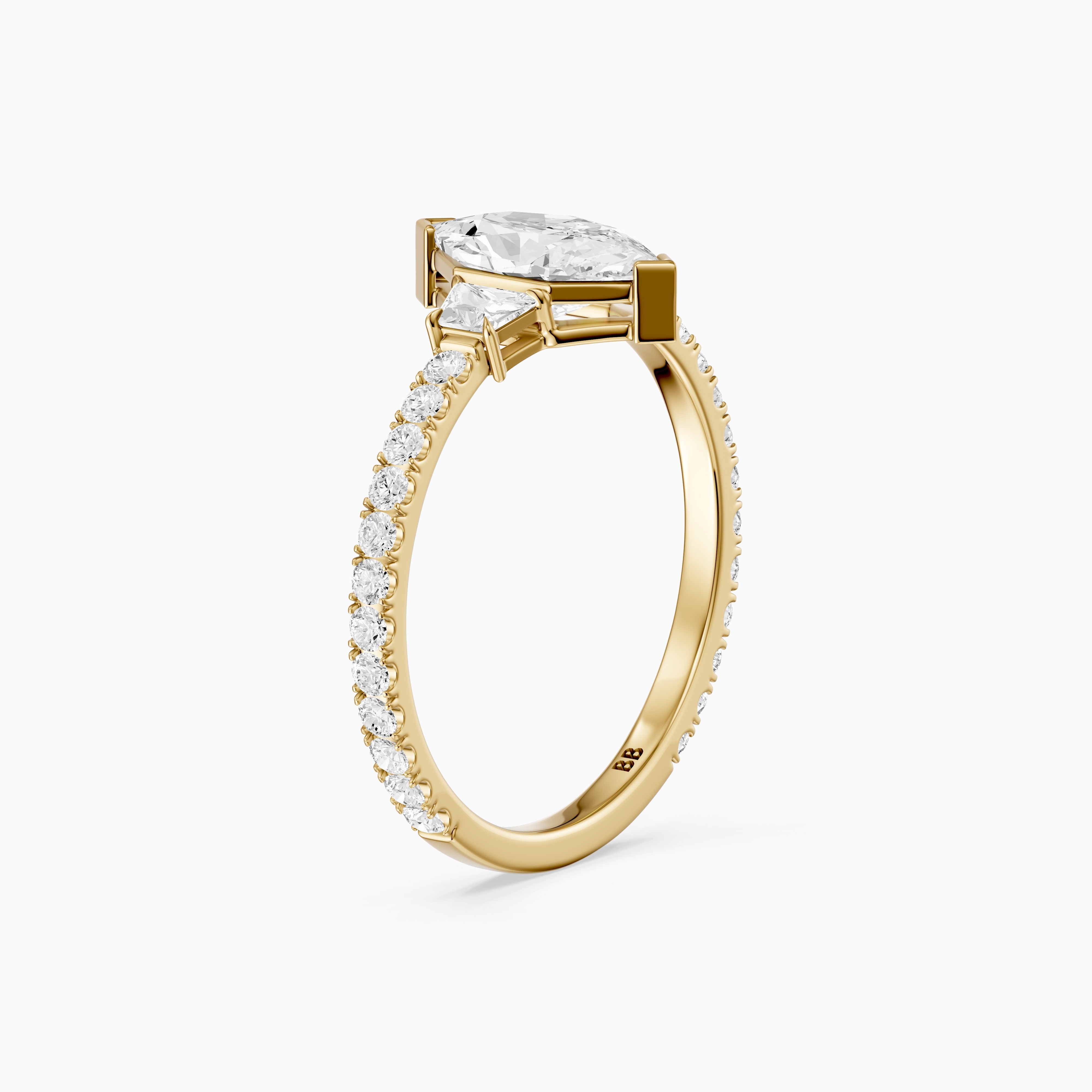 Birdie Dutch Marquise Lab Grown Diamond Ring with Trapezoid Side Diamonds and Pave Shank