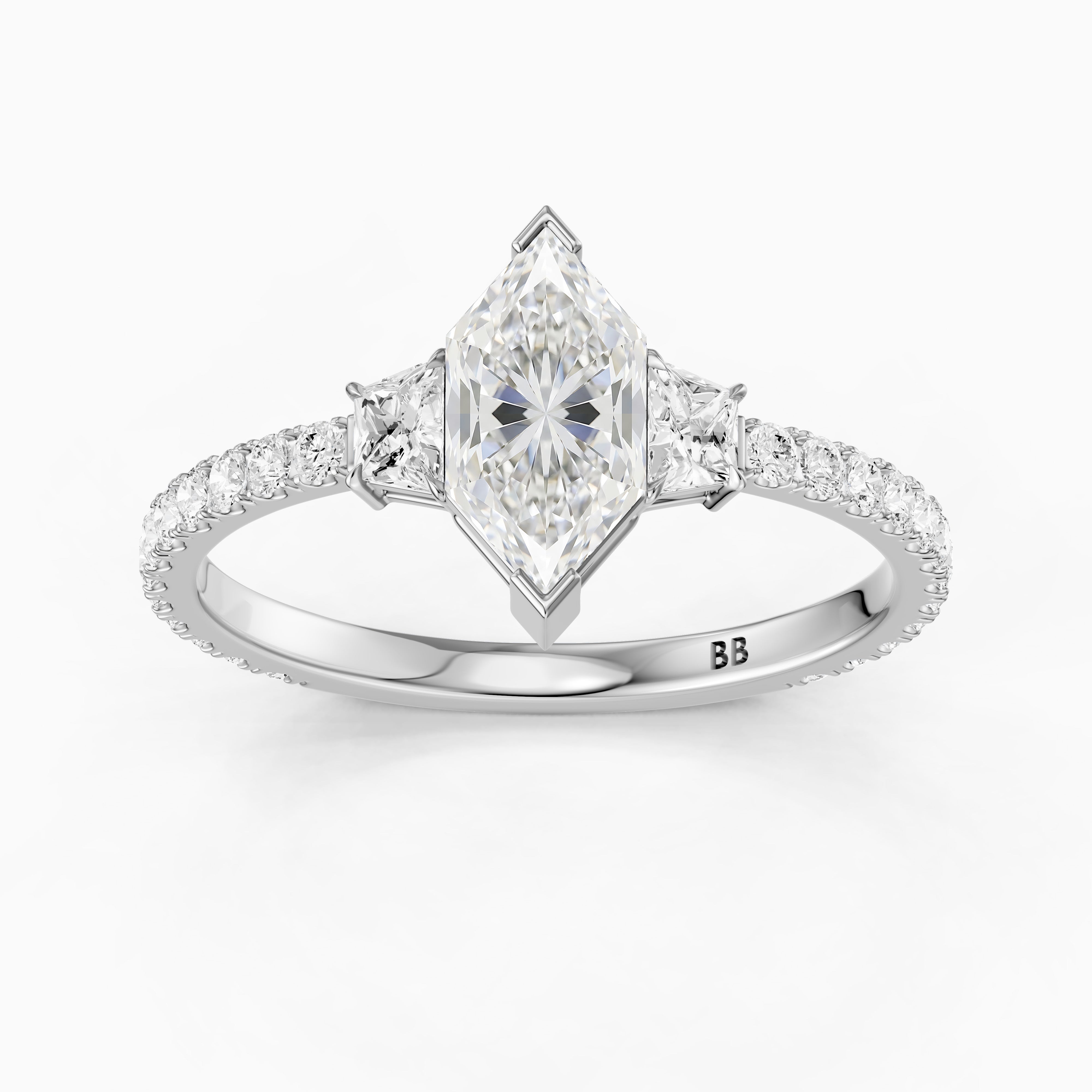 Birdie Dutch Marquise Lab Grown Diamond Ring with Trapezoid Side Diamonds and Pave Shank