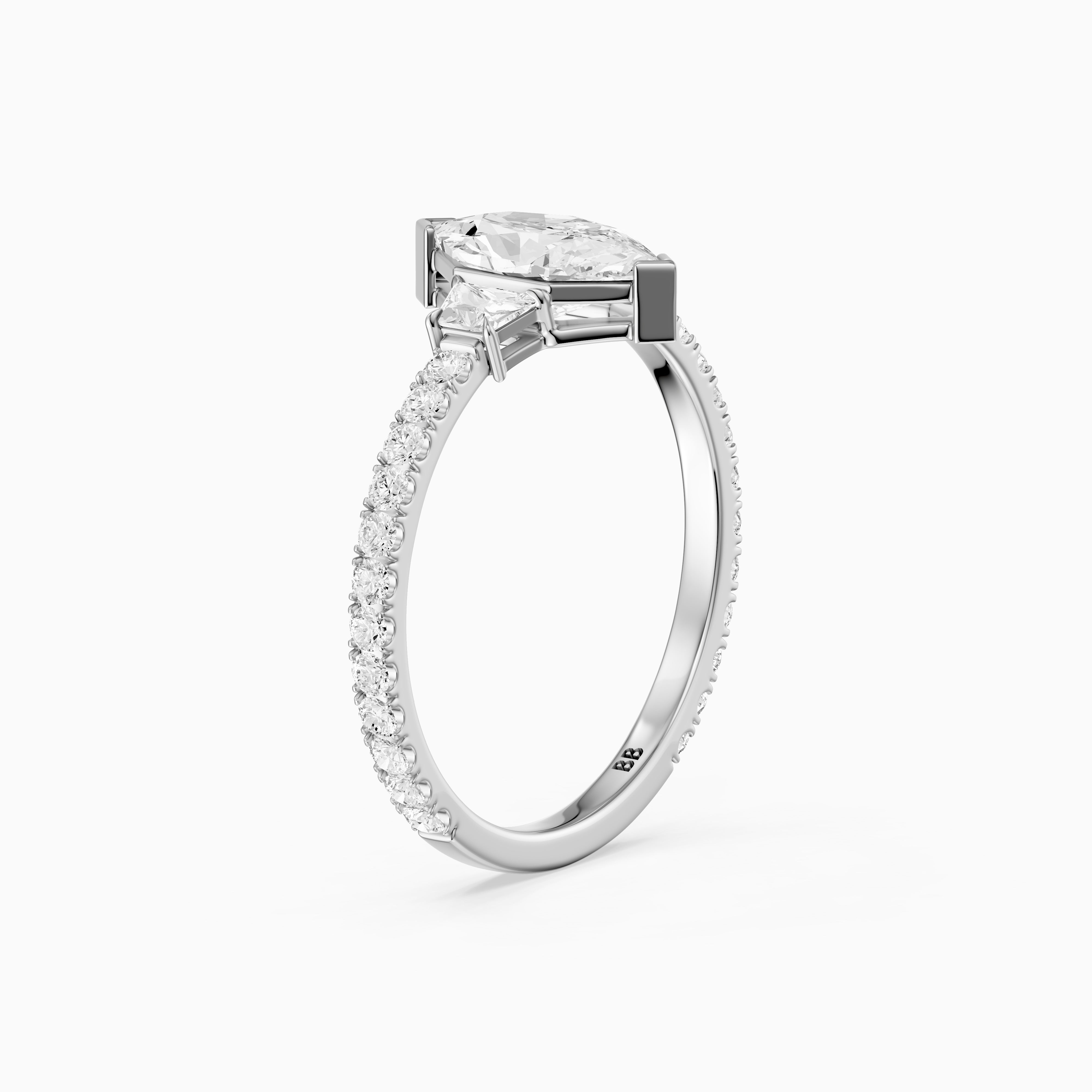 Birdie Dutch Marquise Lab Grown Diamond Ring with Trapezoid Side Diamonds and Pave Shank