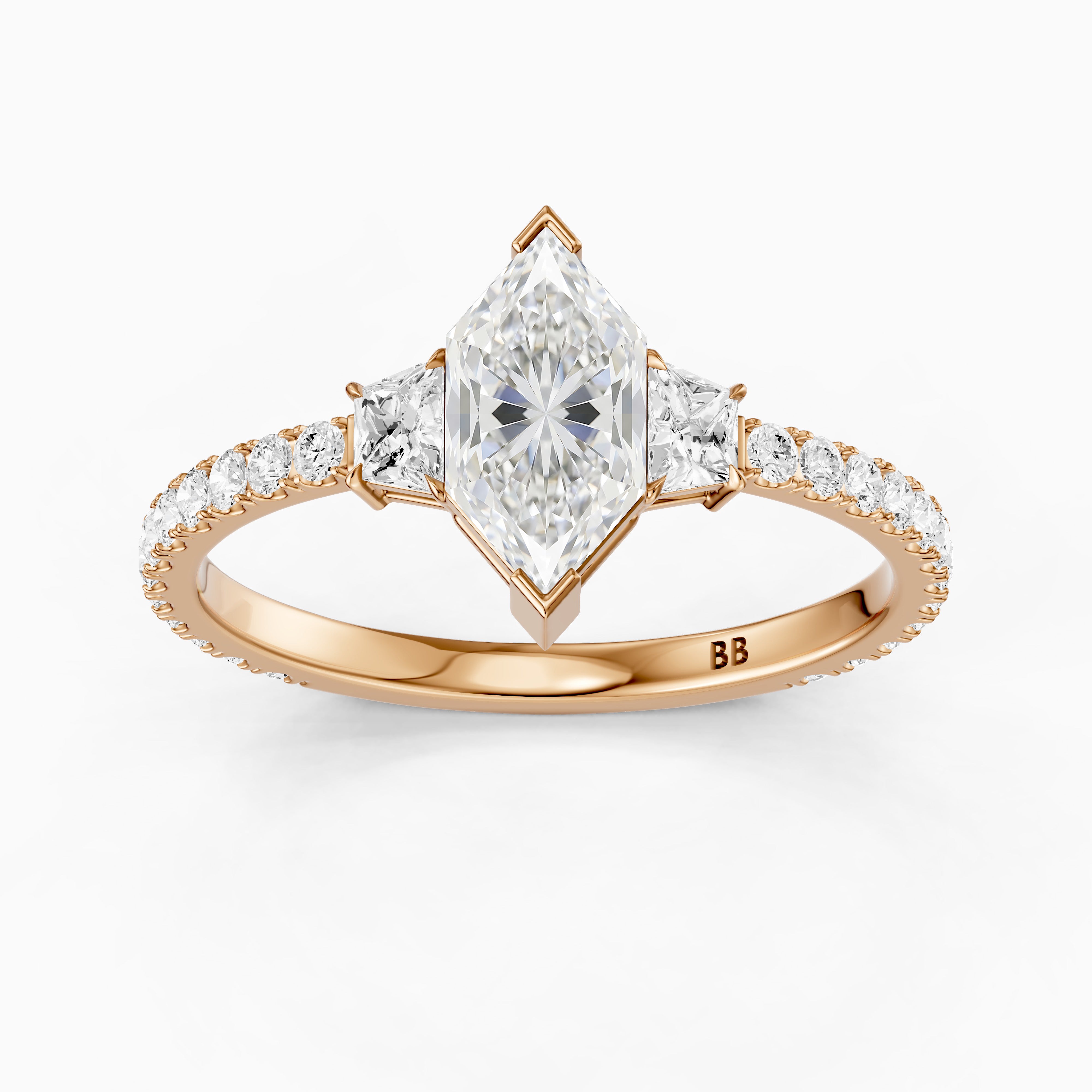 Birdie Dutch Marquise Lab Grown Diamond Ring with Trapezoid Side Diamonds and Pave Shank