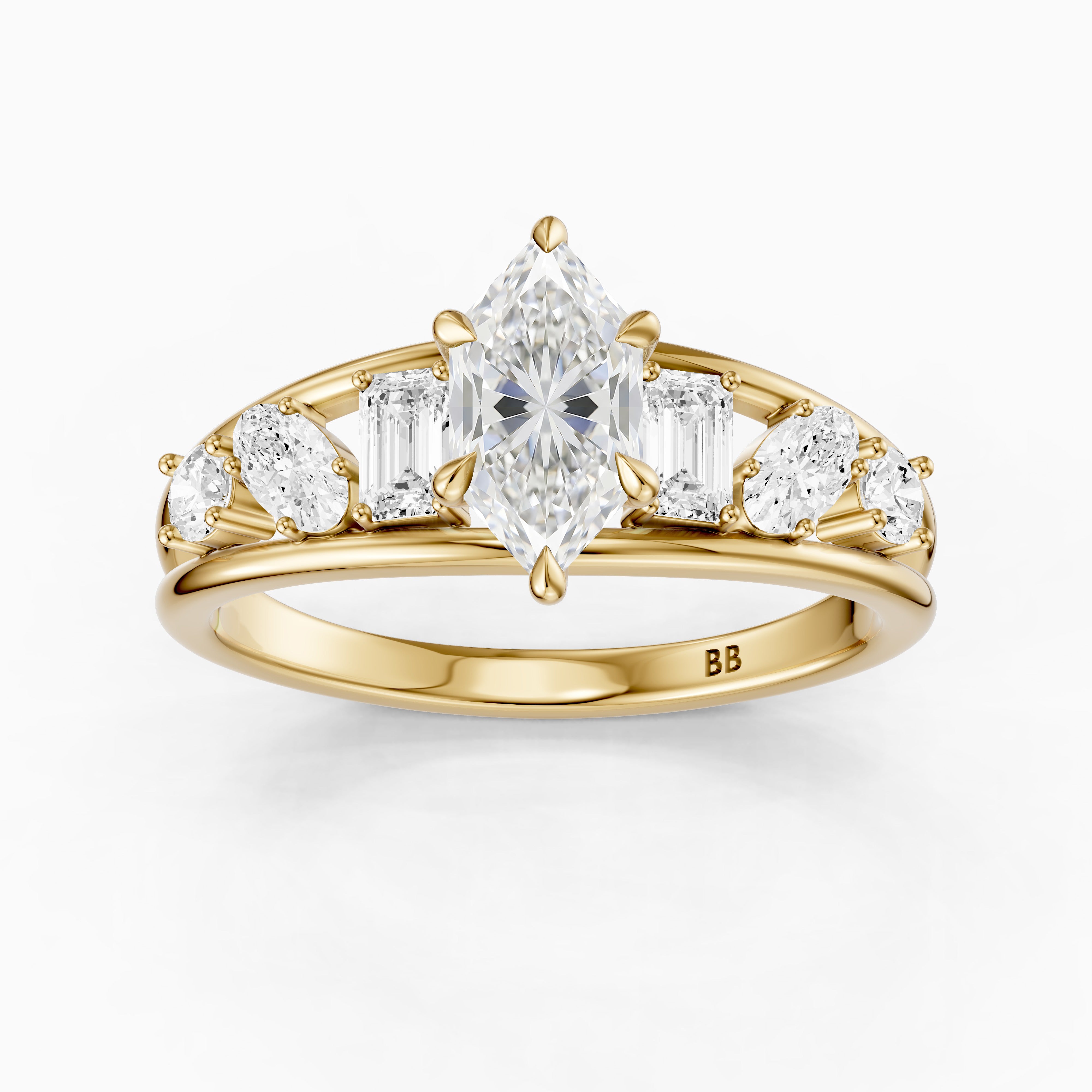 Camie Dutch Marquise Lab Grown Diamond Ring with Round, Oval & Emerald Cut Side Diamonds