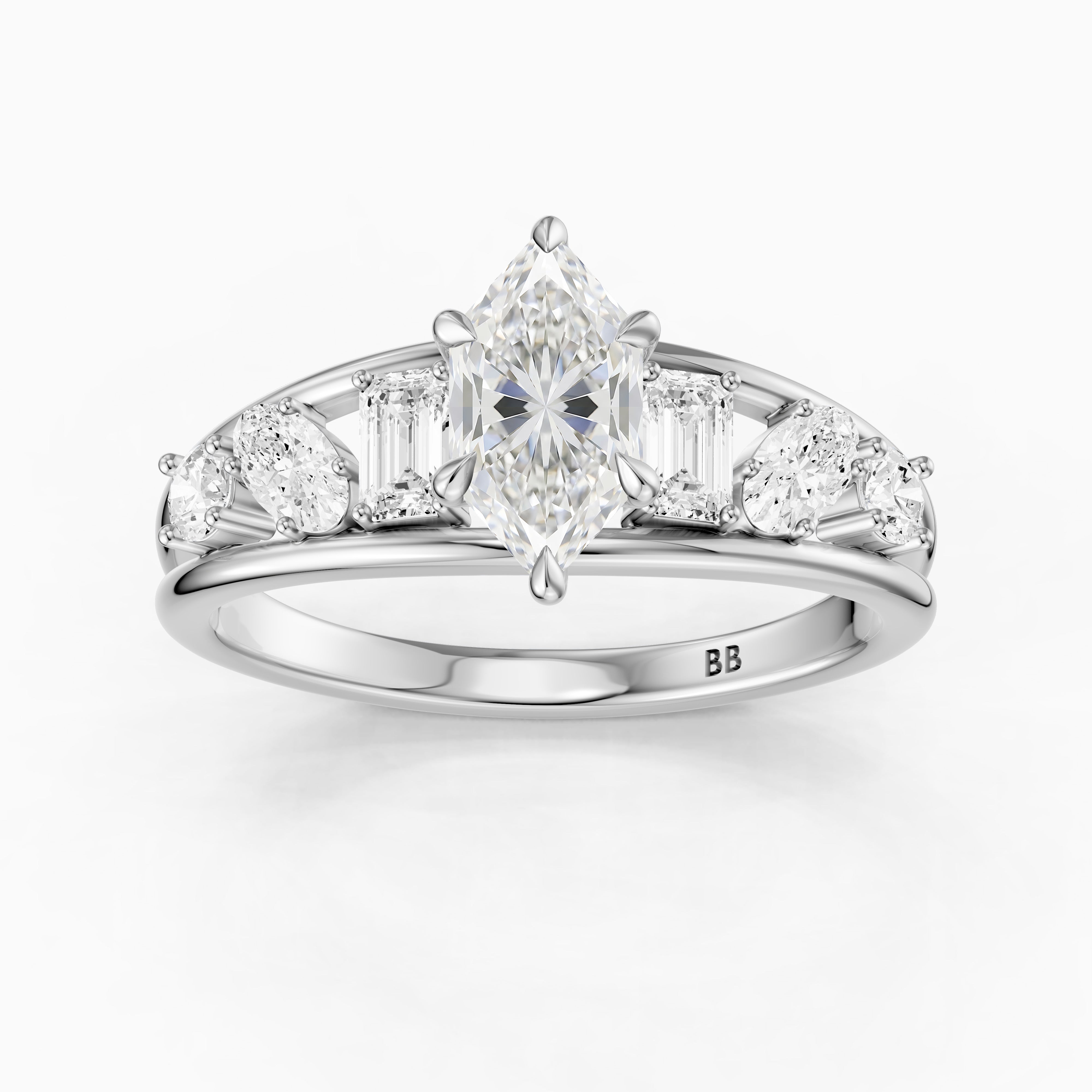 Camie Dutch Marquise Lab Grown Diamond Ring with Round, Oval & Emerald Cut Side Diamonds