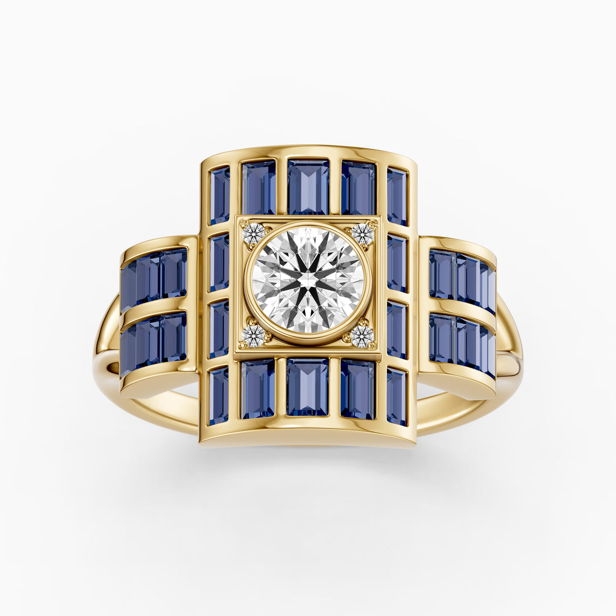 Halle Step Cut Blue Sapphire and Round Moissanite Diamond Engagement Ring