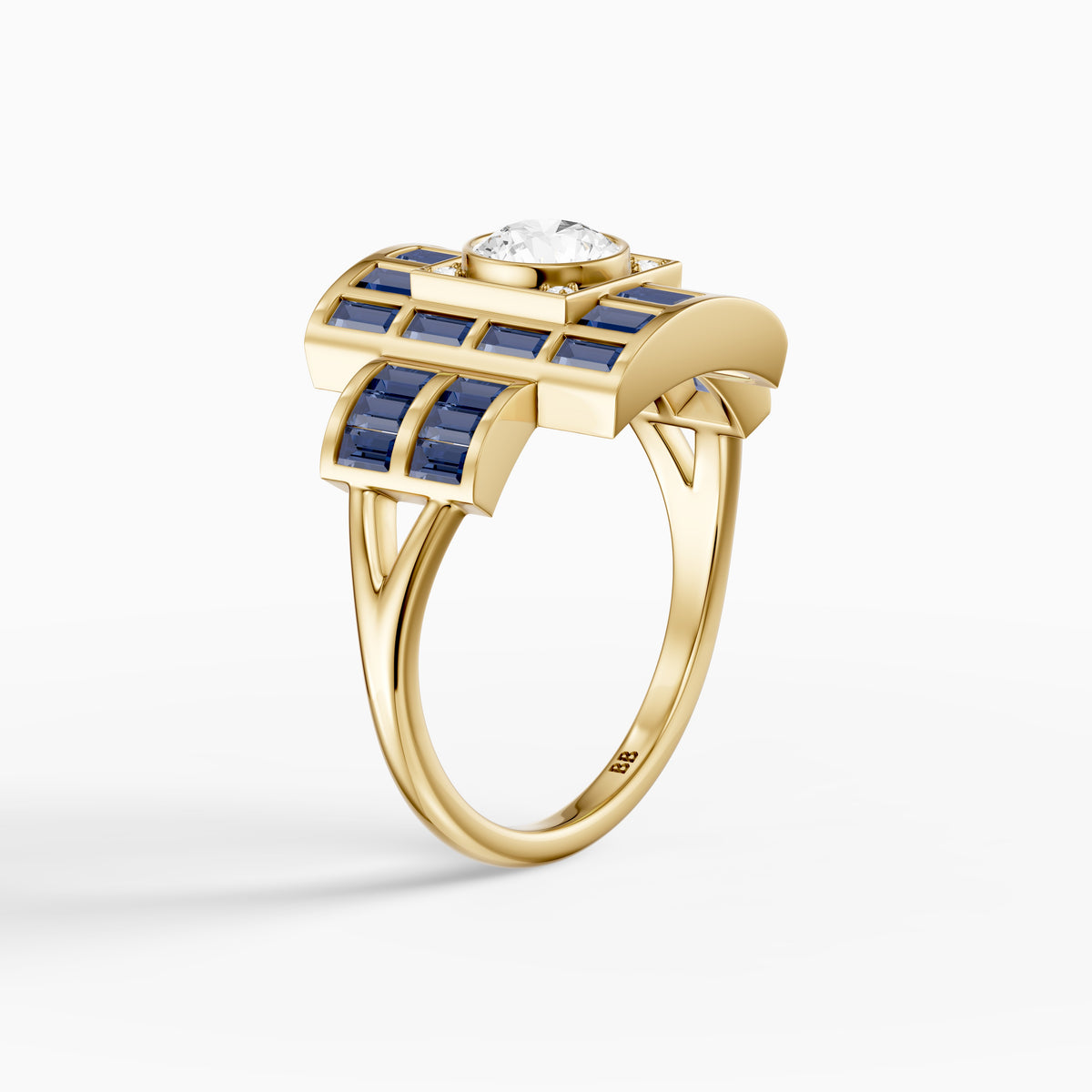 Halle Step Cut Blue Sapphire and Round Moissanite Diamond Engagement Ring