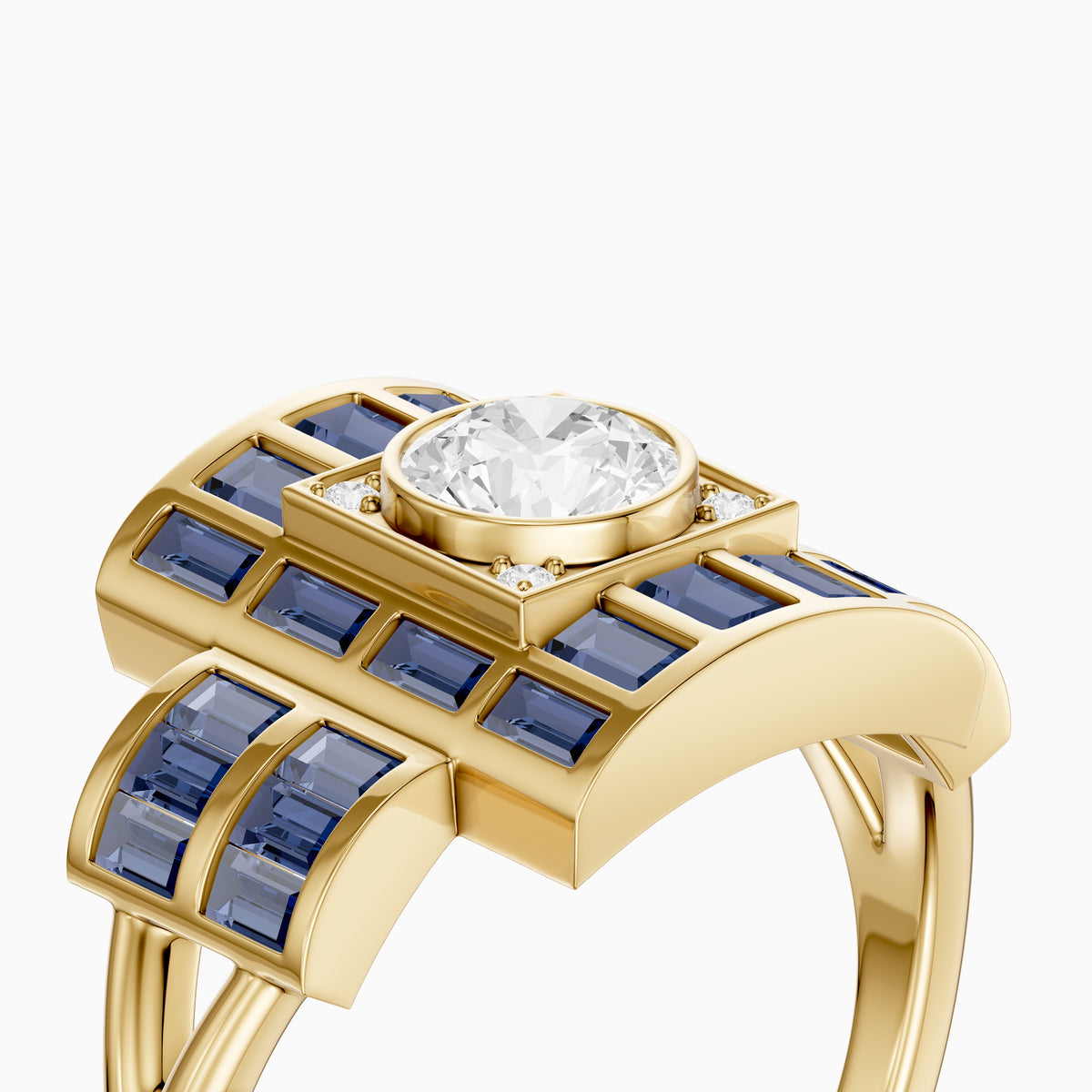 Halle Step Cut Blue Sapphire and Round Moissanite Diamond Engagement Ring