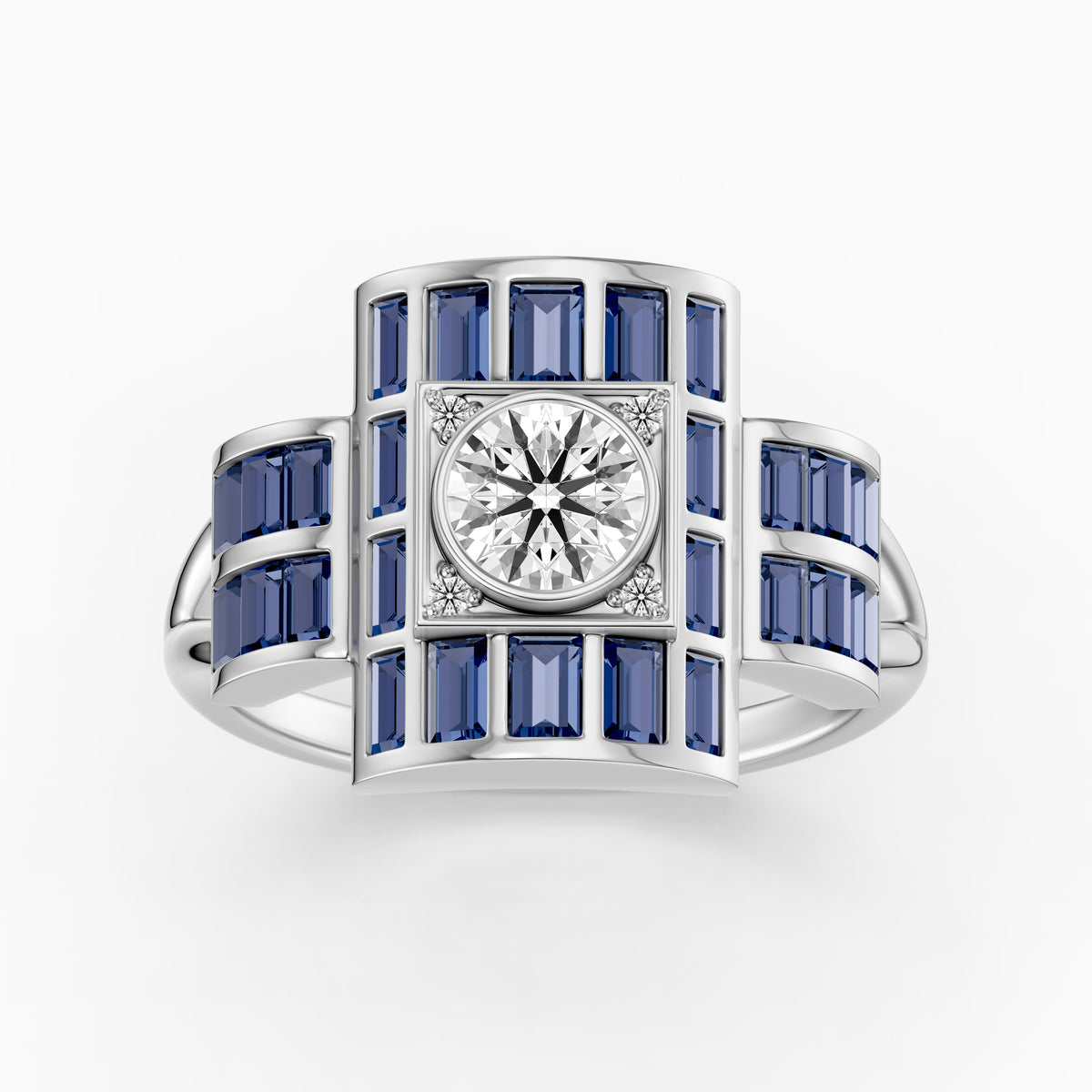Halle Step Cut Blue Sapphire and Round Moissanite Diamond Engagement Ring
