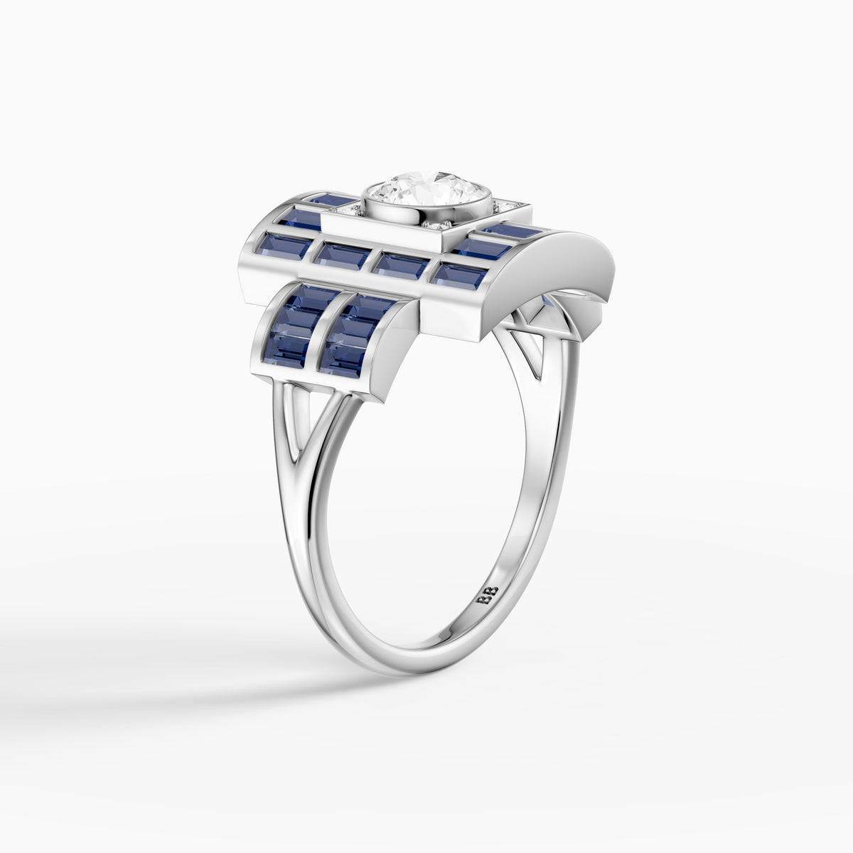 Halle Step Cut Blue Sapphire and Round Moissanite Diamond Engagement Ring