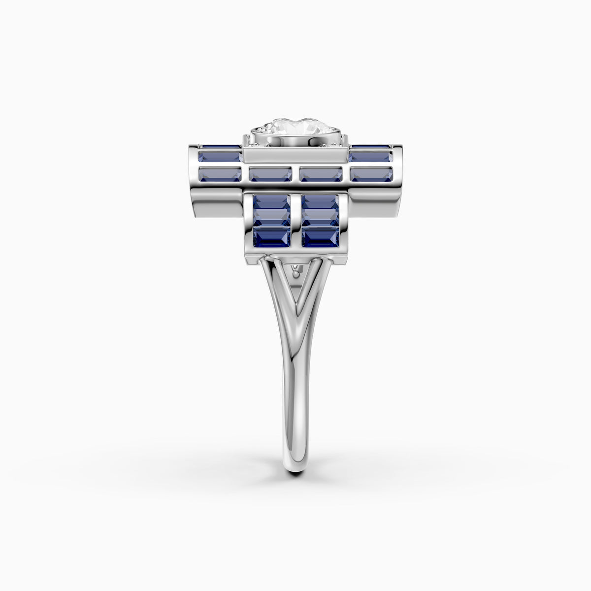 Halle Step Cut Blue Sapphire and Round Moissanite Diamond Engagement Ring