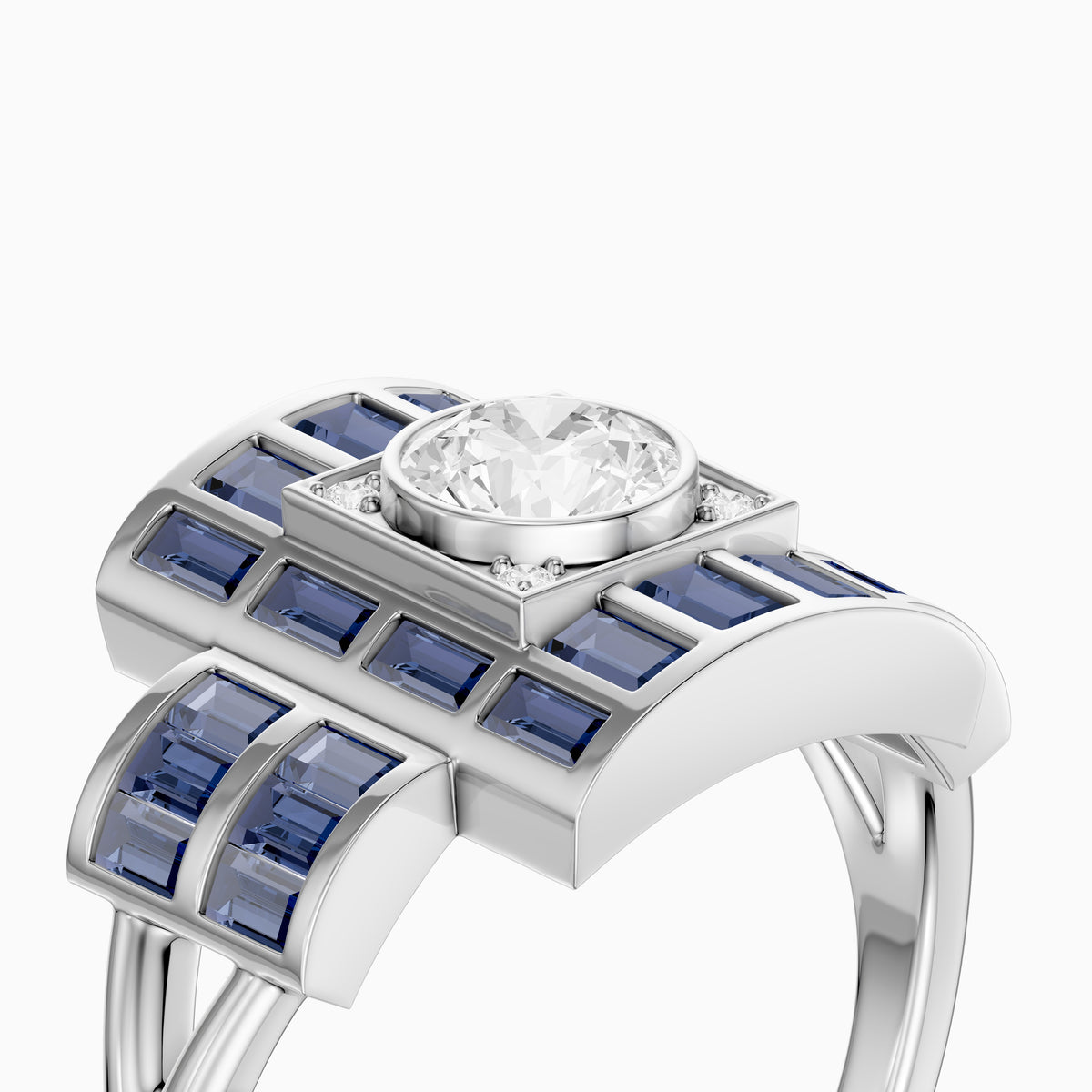 Halle Step Cut Blue Sapphire and Round Moissanite Diamond Engagement Ring
