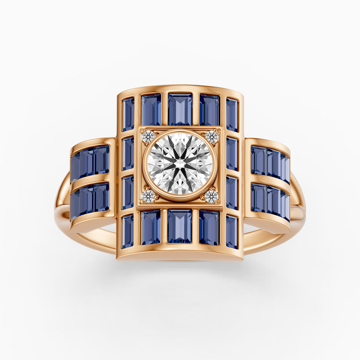 Halle Step Cut Blue Sapphire and Round Moissanite Diamond Engagement Ring