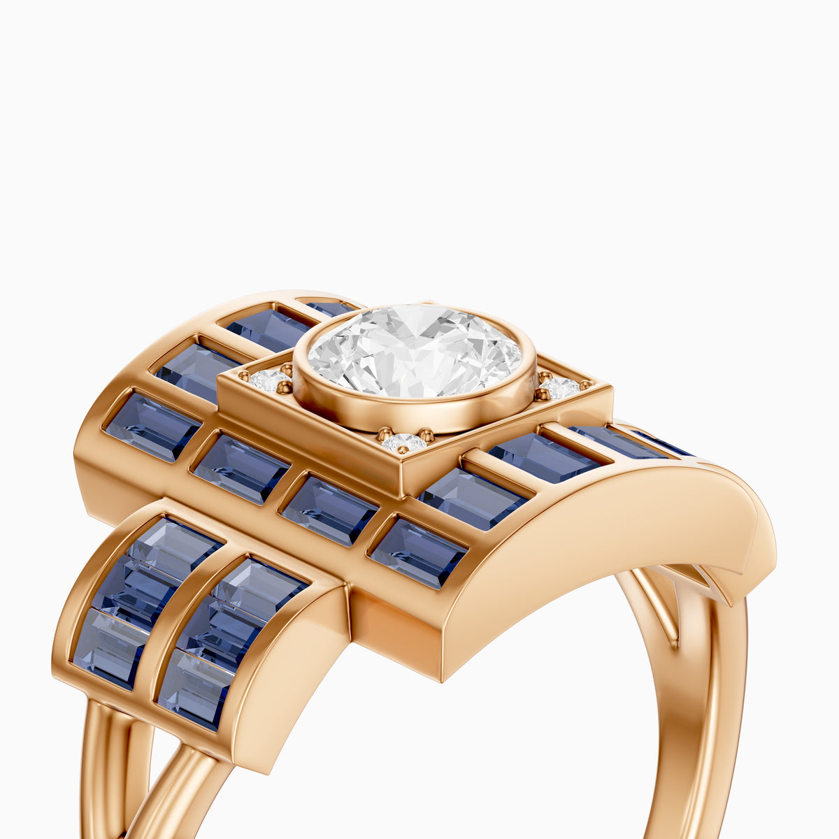 Halle Step Cut Blue Sapphire and Round Moissanite Diamond Engagement Ring