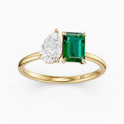 Belle Green Emerald Cut and Pear Shape Color Lab Grown Diamond Toi et Moi Ring