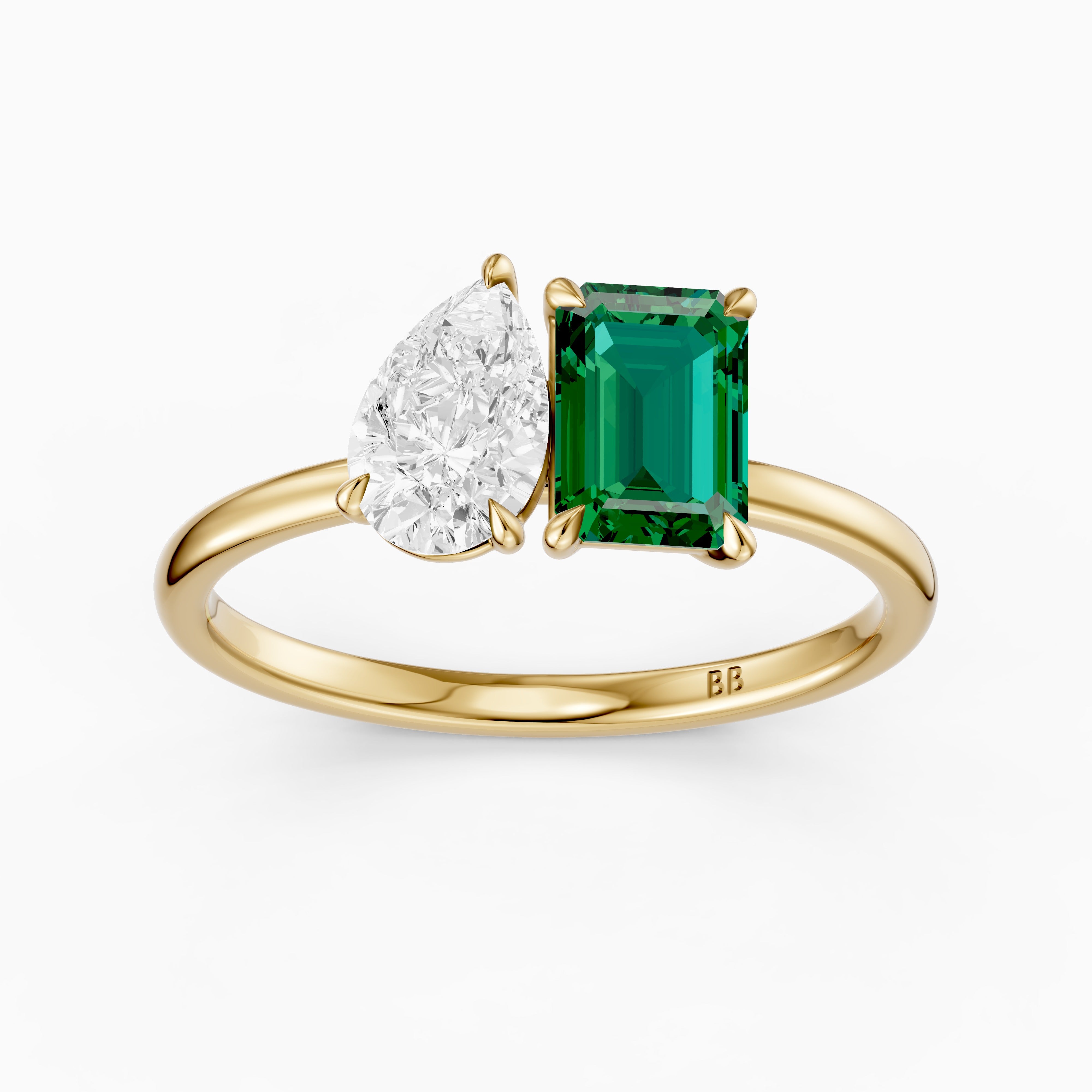 Belle Green Emerald Cut and Pear Shape Color Lab Grown Diamond Toi et Moi Ring