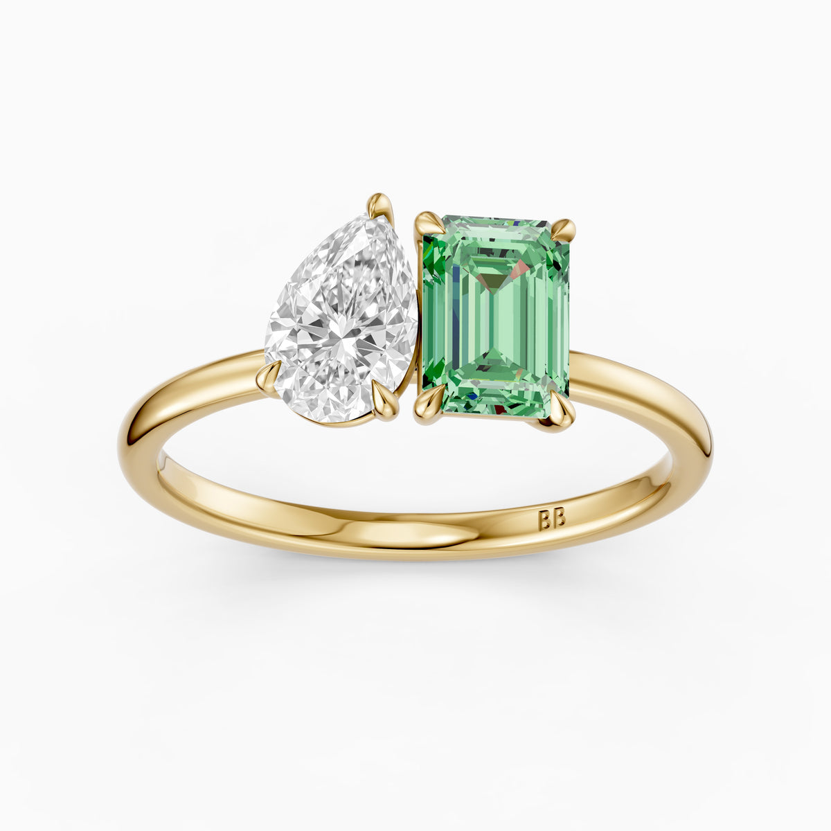 Belle Green Emerald Cut and Pear Shape Color Lab Grown Diamond Toi et Moi Ring