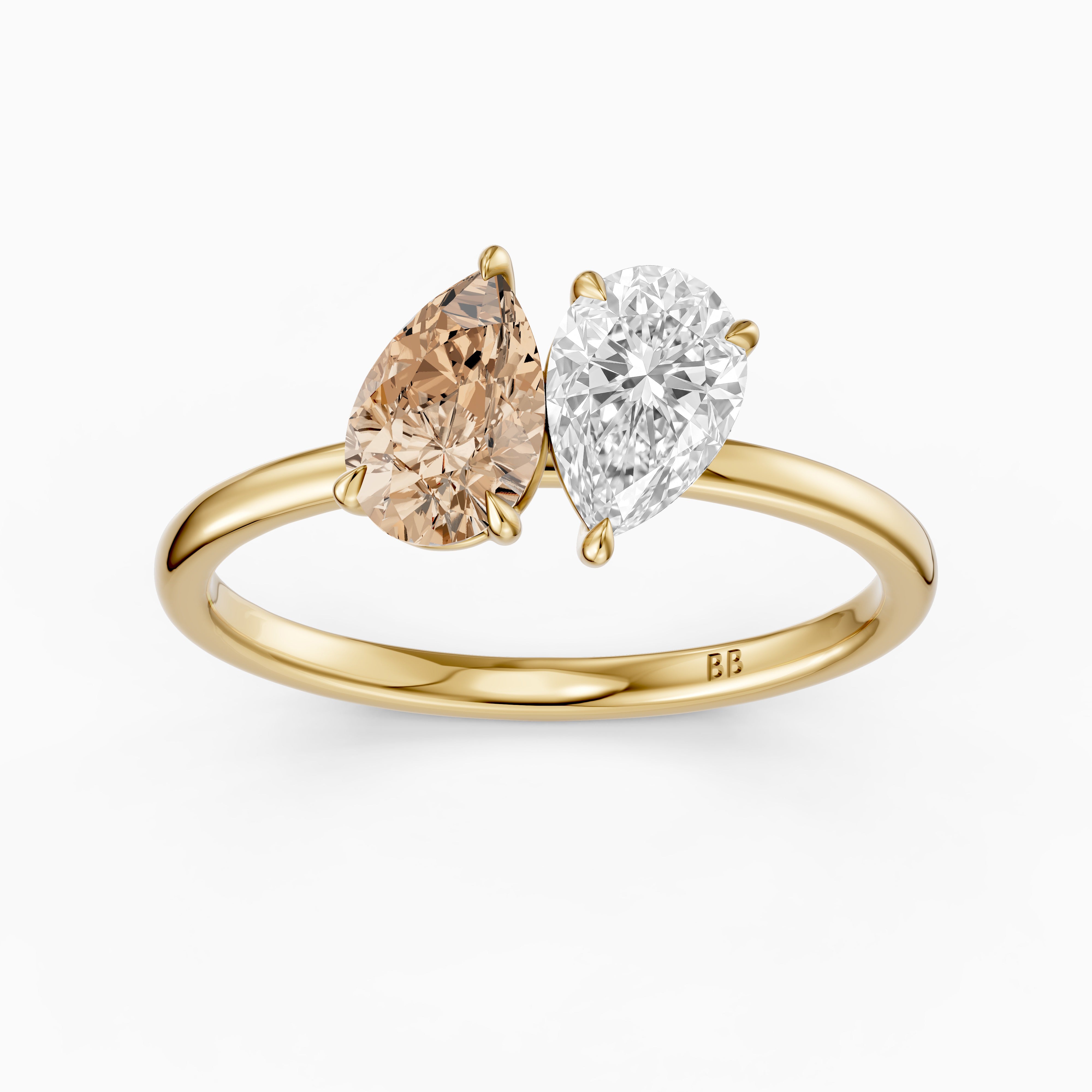 Alba Champagne and White Both Pear Cut Color Lab Grown Diamond Toi et Moi Ring