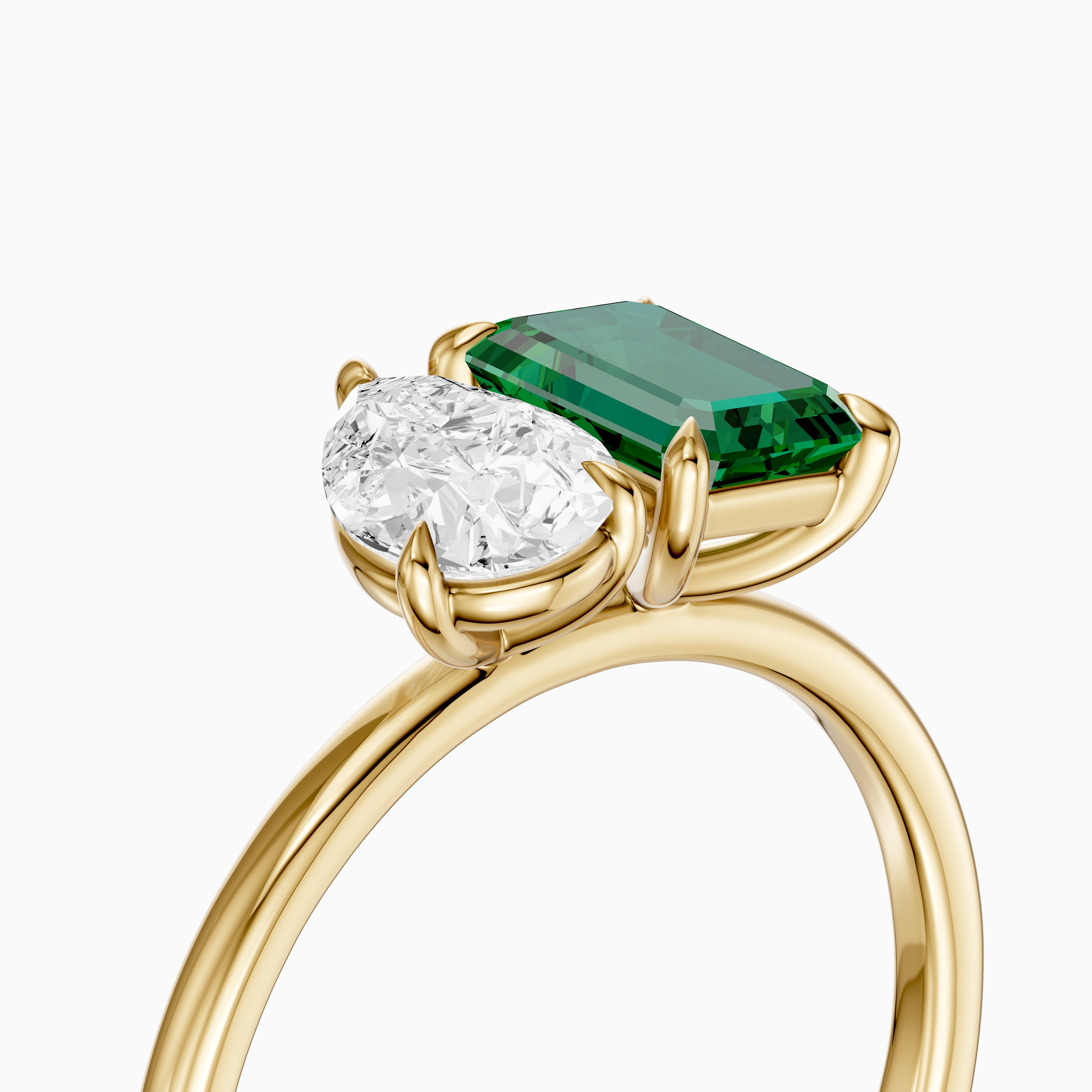 Belle Green Emerald Cut and Pear Shape Color Lab Grown Diamond Toi et Moi Ring