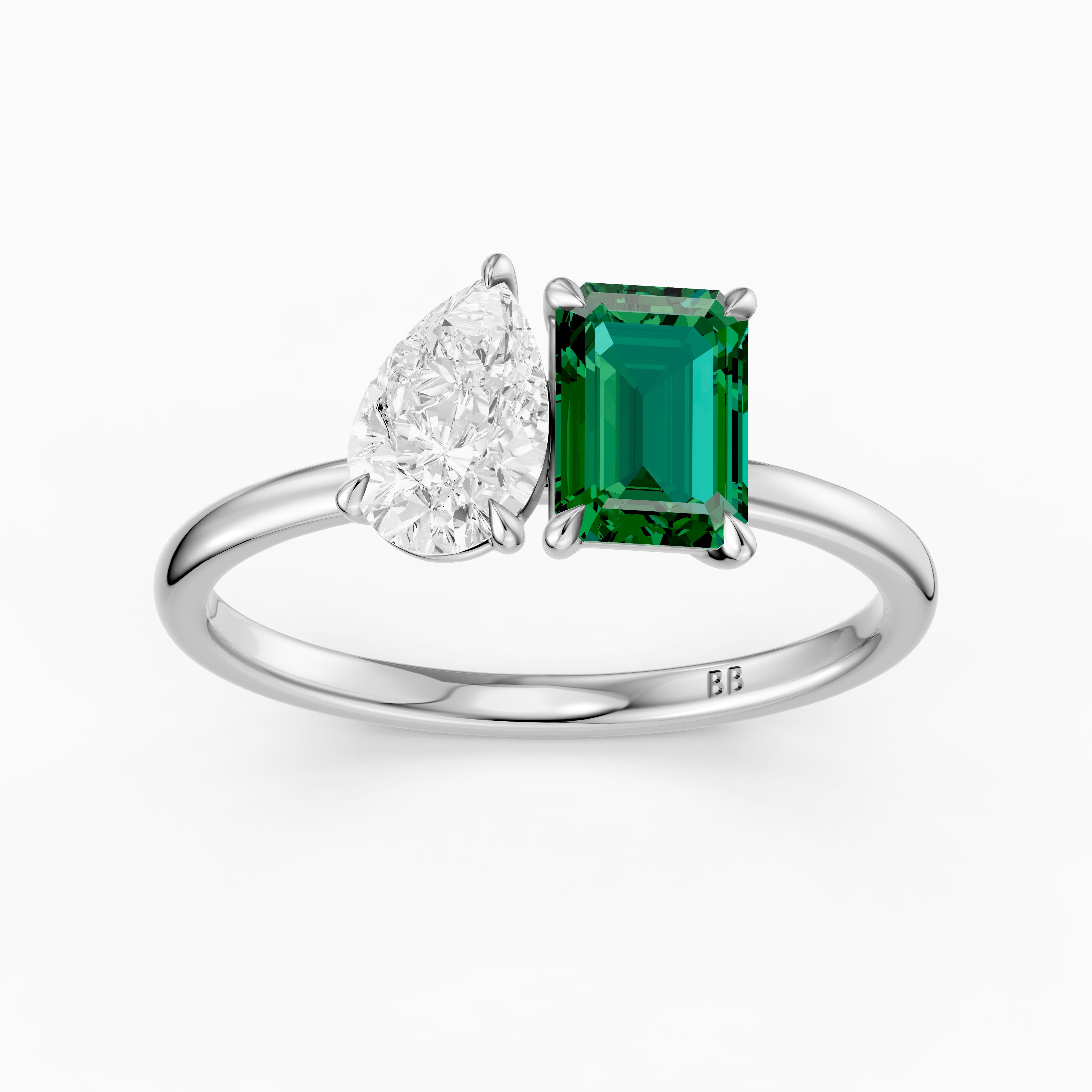Belle Green Emerald Cut and Pear Shape Color Lab Grown Diamond Toi et Moi Ring