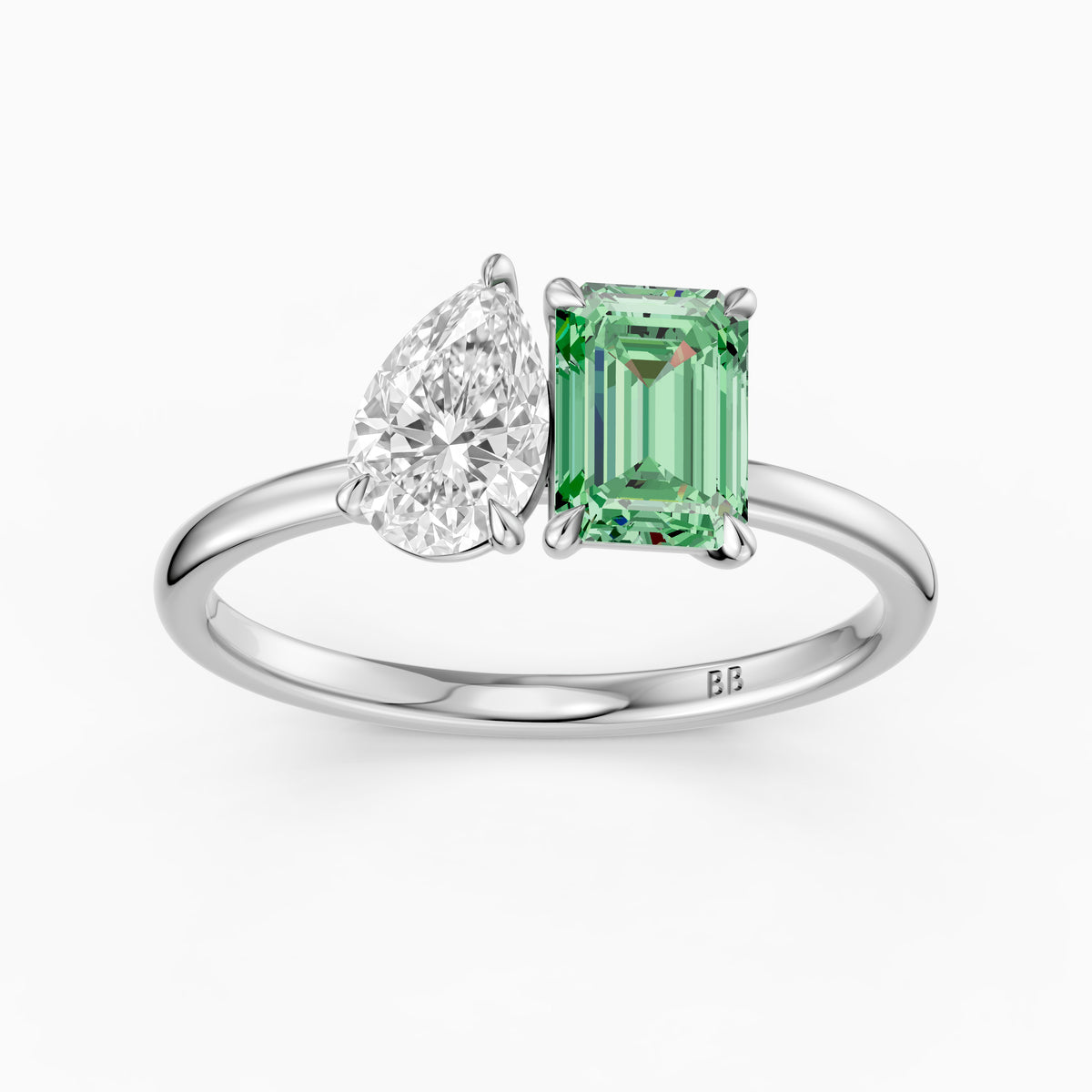 Belle Green Emerald Cut and Pear Shape Color Lab Grown Diamond Toi et Moi Ring