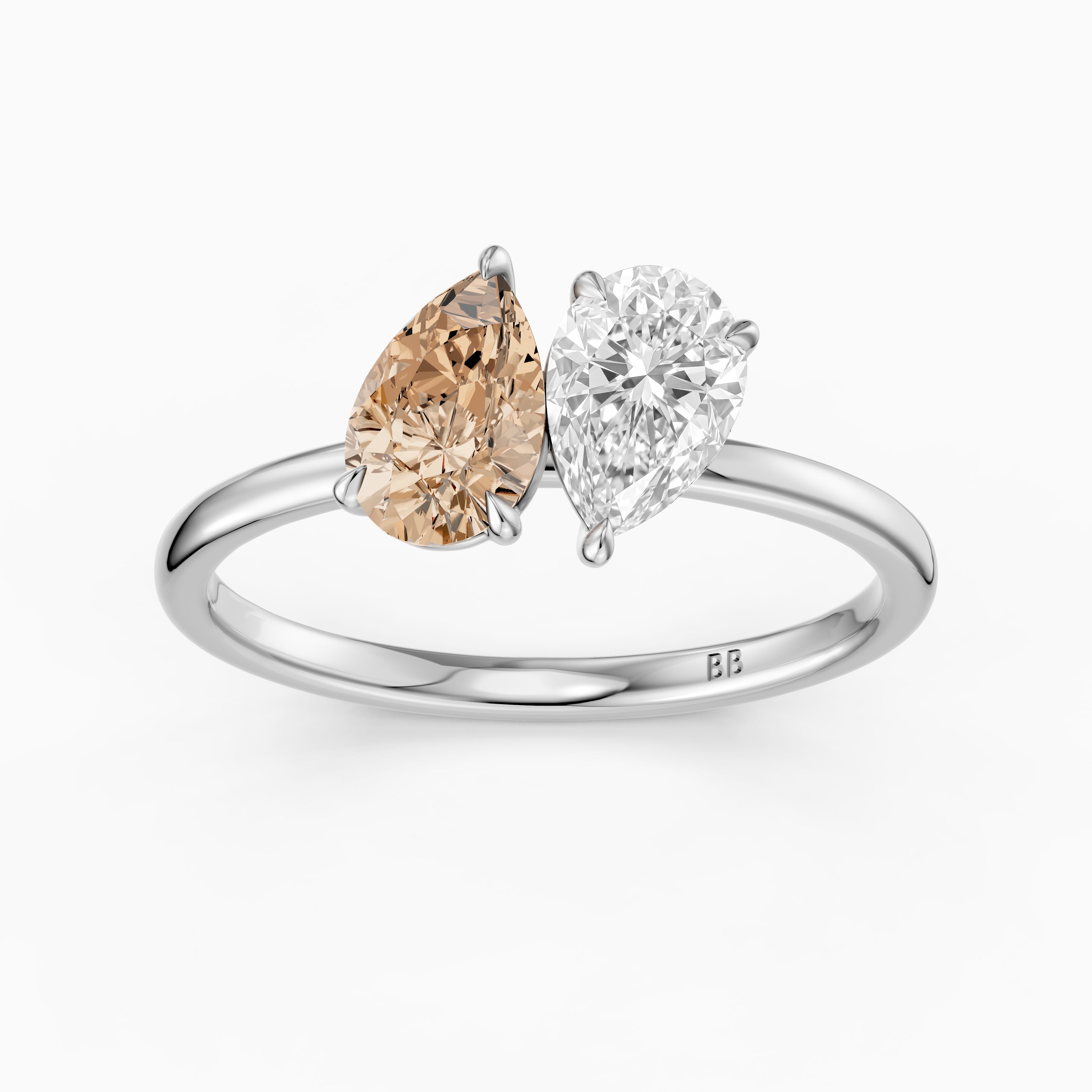 Alba Champagne and White Both Pear Cut Color Lab Grown Diamond Toi et Moi Ring