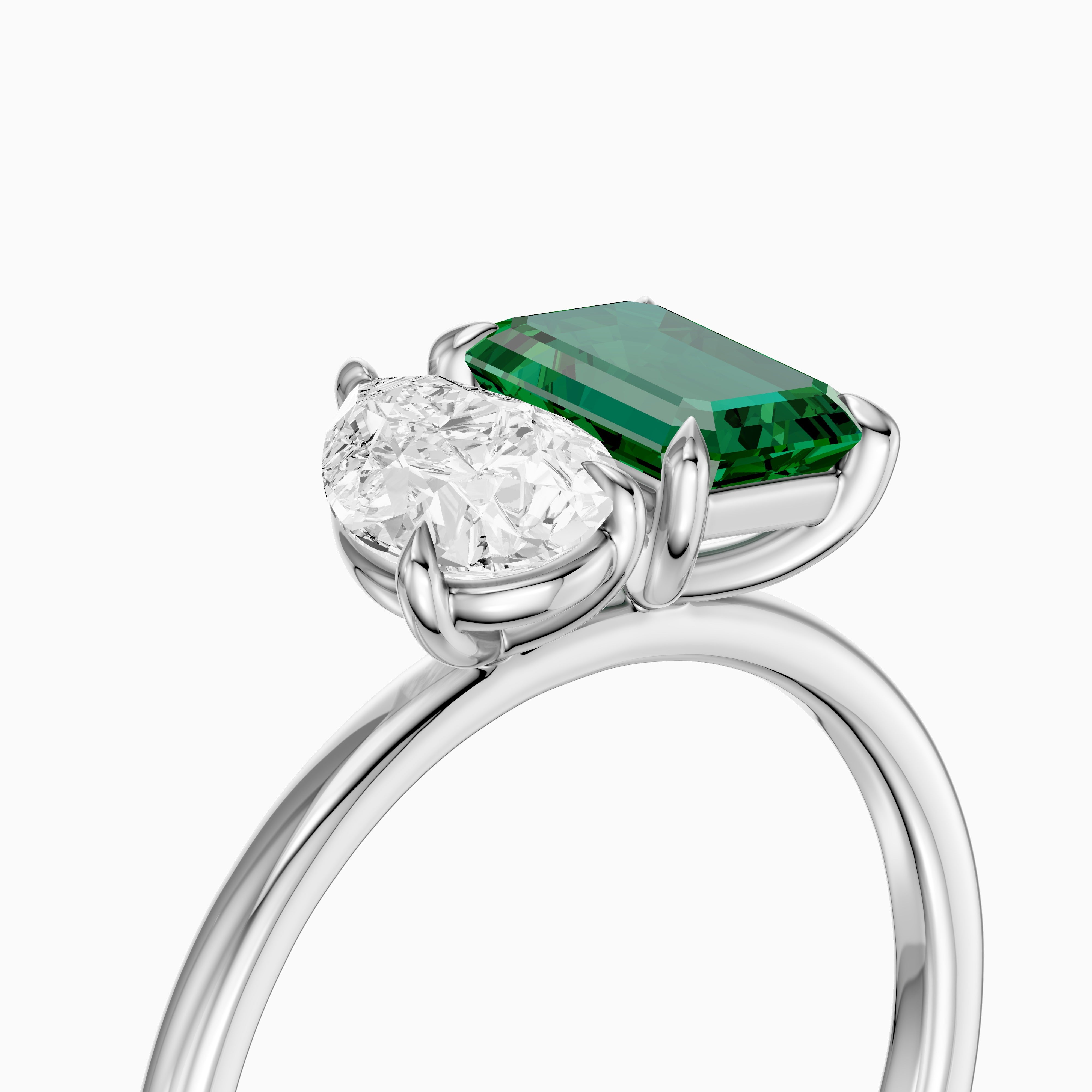 Belle Green Emerald Cut and Pear Shape Color Lab Grown Diamond Toi et Moi Ring