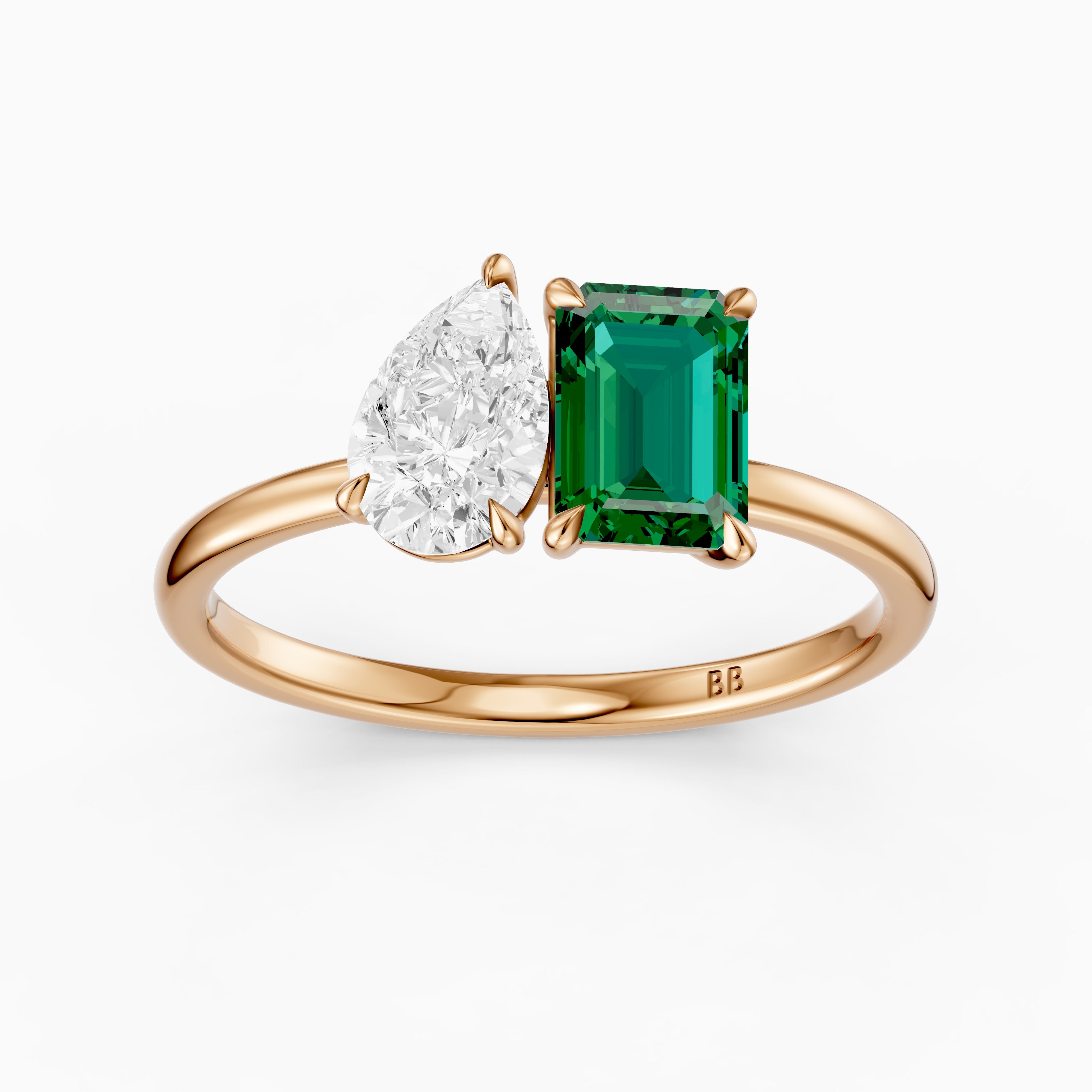 Belle Green Emerald Cut and Pear Shape Color Lab Grown Diamond Toi et Moi Ring