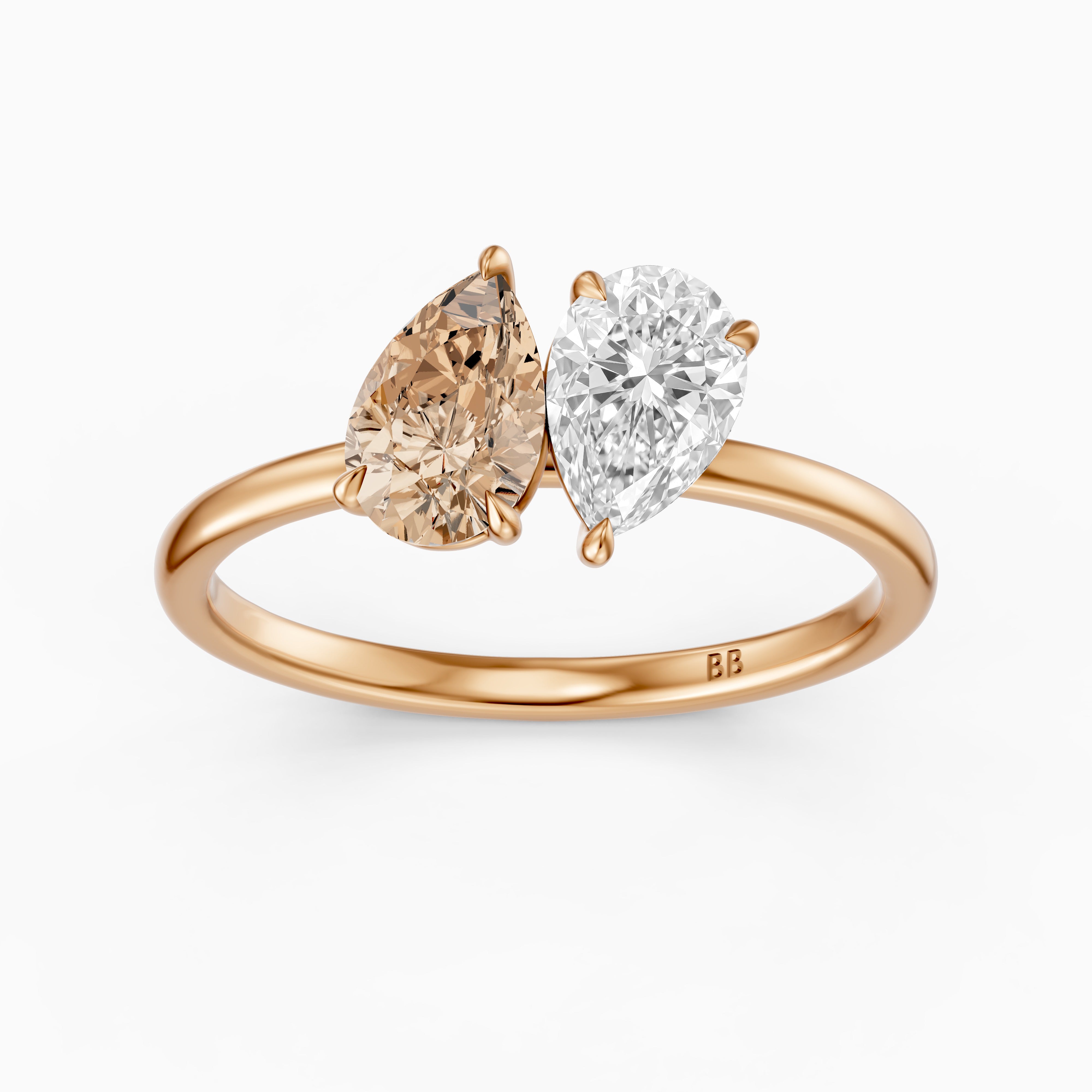 Alba Champagne and White Both Pear Cut Color Lab Grown Diamond Toi et Moi Ring
