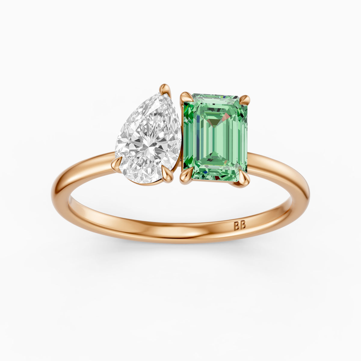 Belle Green Emerald Cut and Pear Shape Color Lab Grown Diamond Toi et Moi Ring