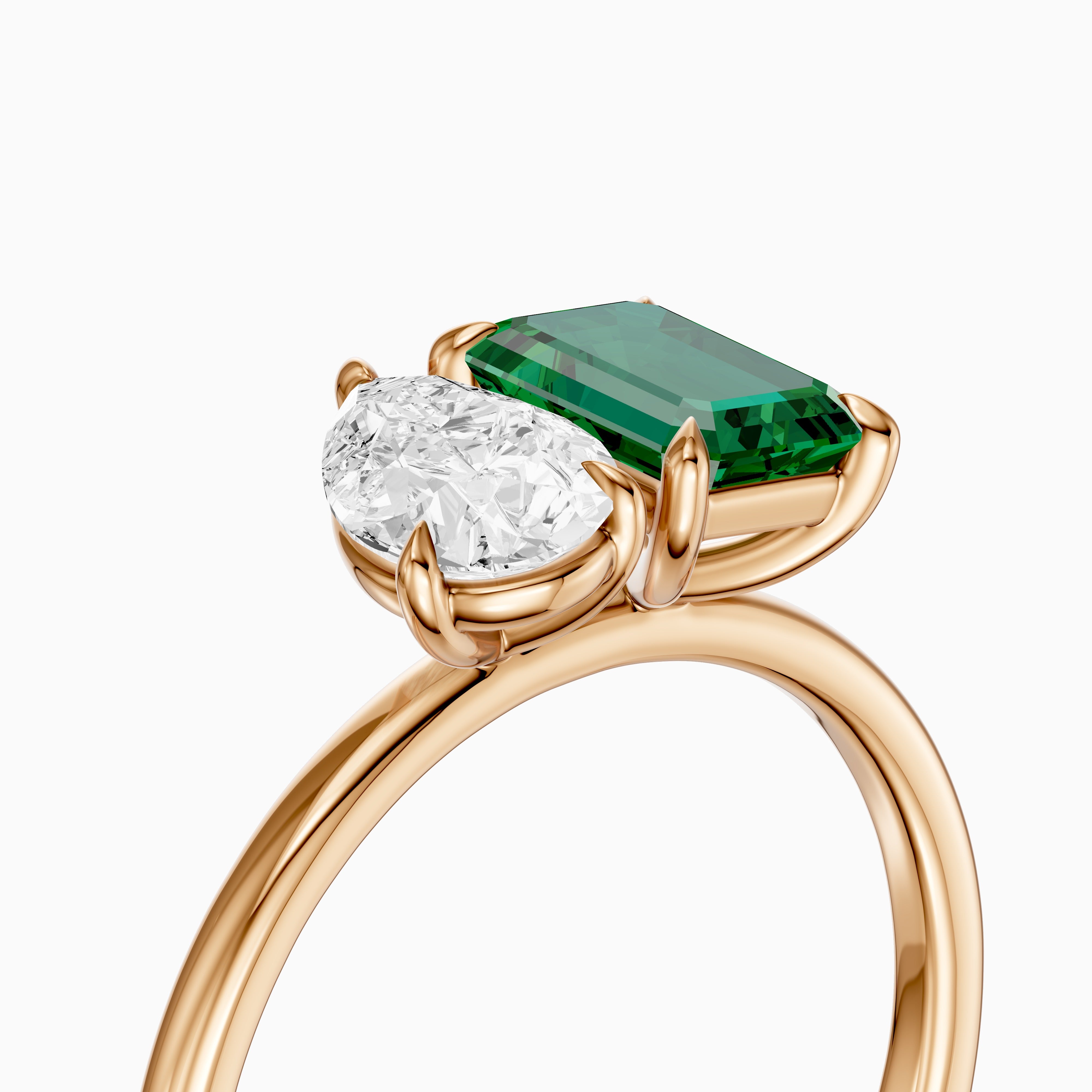 Belle Green Emerald Cut and Pear Shape Color Lab Grown Diamond Toi et Moi Ring
