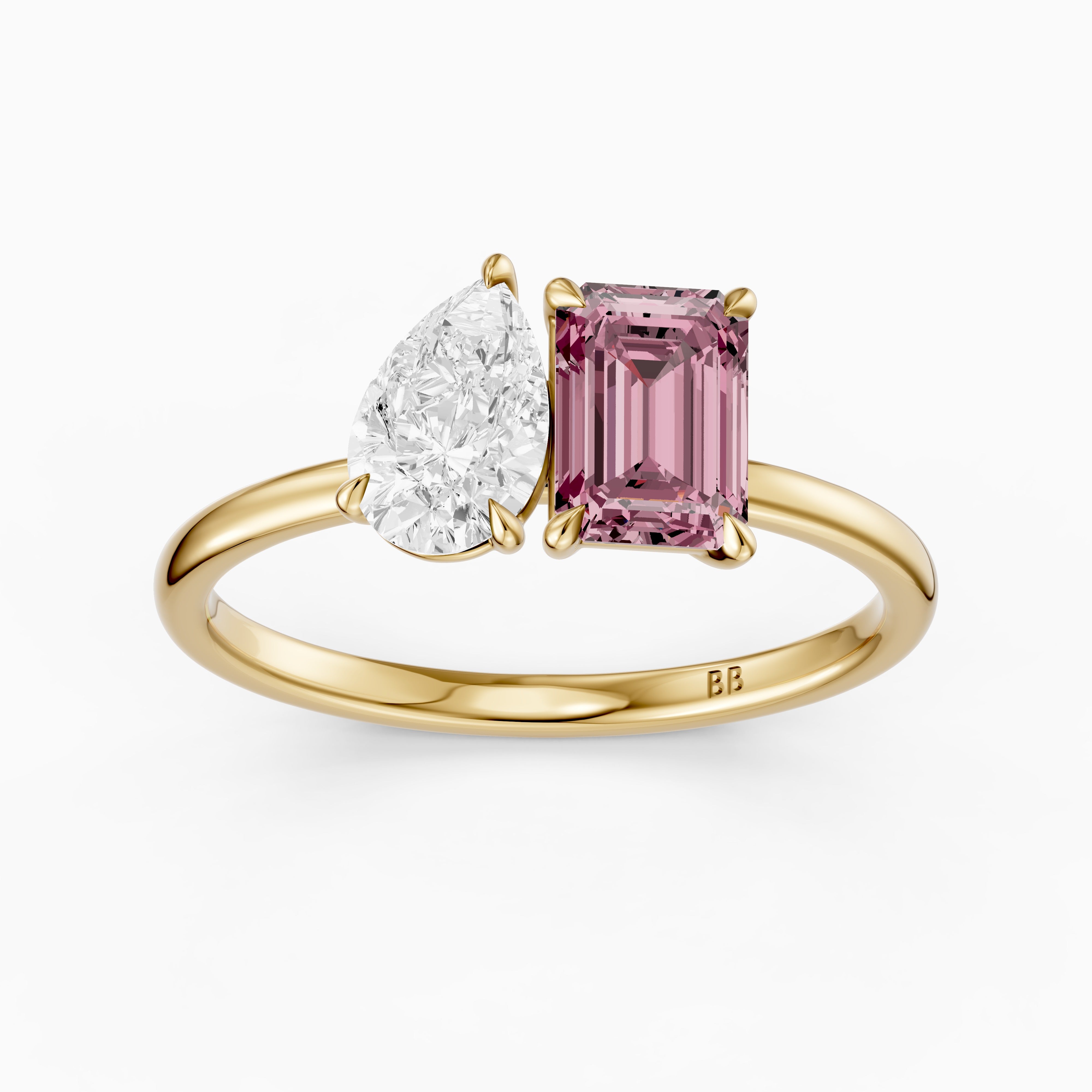 Kiara Pink Emerald Cut and Pear Shape Color Lab Grown Diamond Toi et Moi Ring