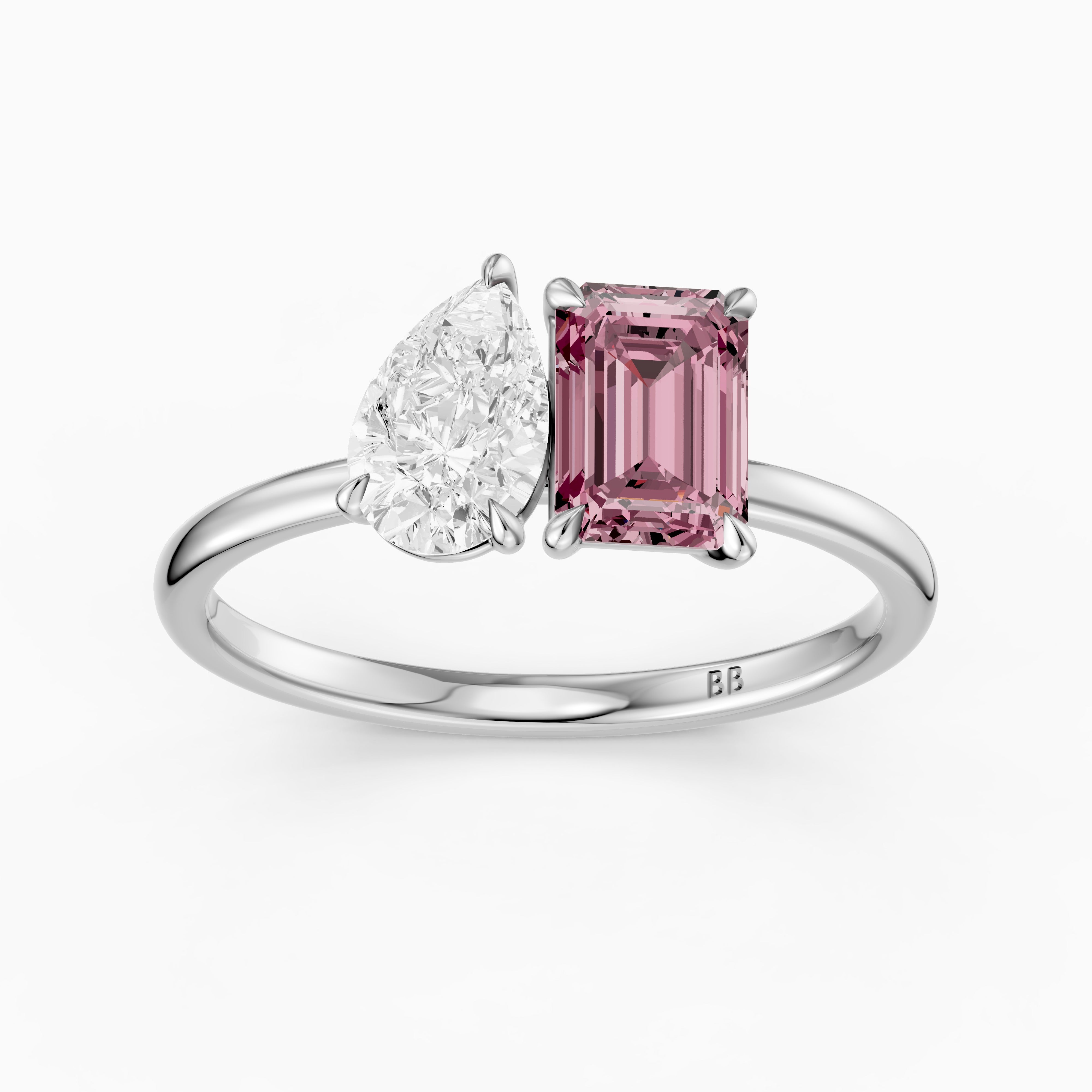 Kiara Pink Emerald Cut and Pear Shape Color Lab Grown Diamond Toi et Moi Ring