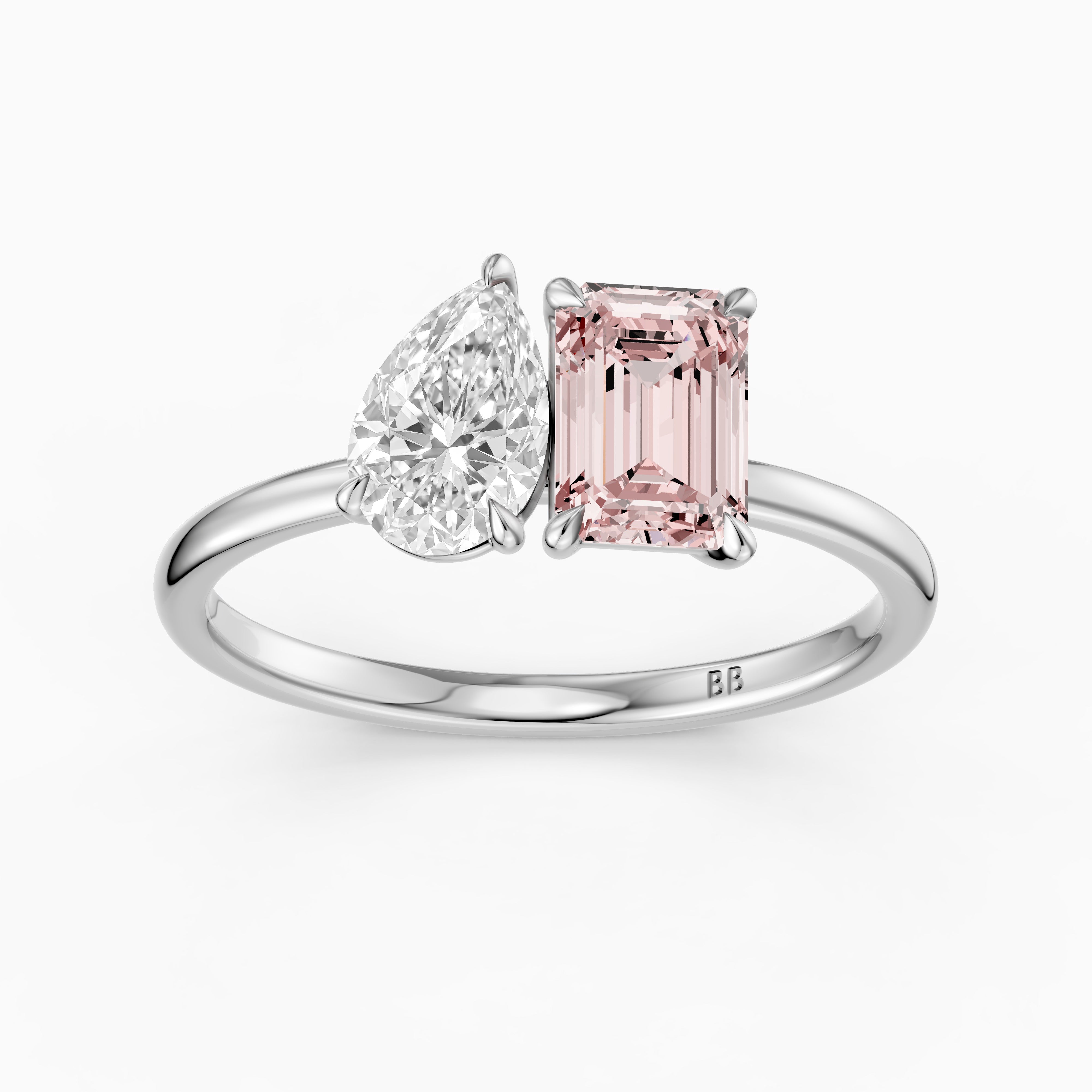 Kiara Pink Emerald Cut and Pear Shape Color Lab Grown Diamond Toi et Moi Ring