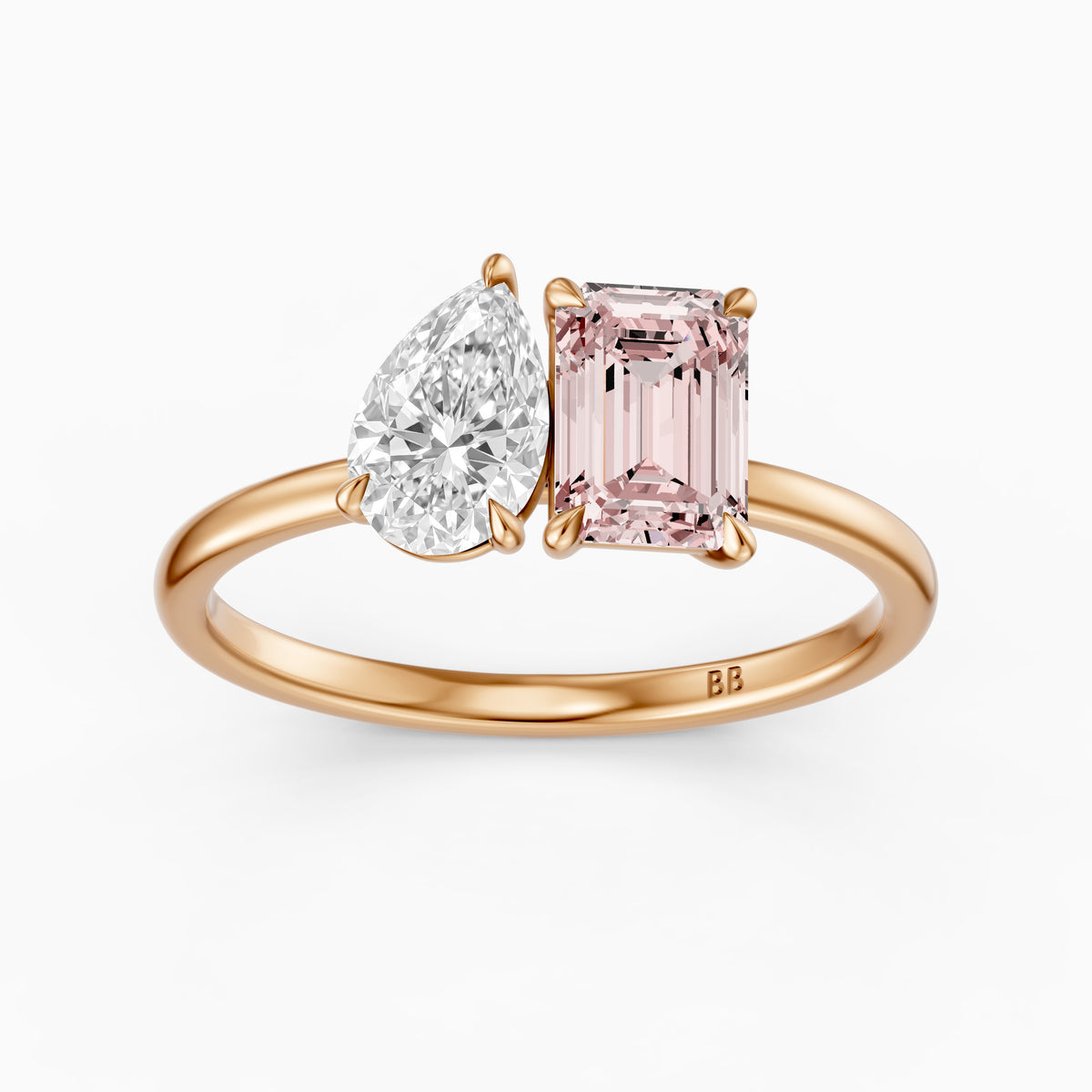 Kiara Pink Emerald Cut and Pear Shape Color Lab Grown Diamond Toi et Moi Ring