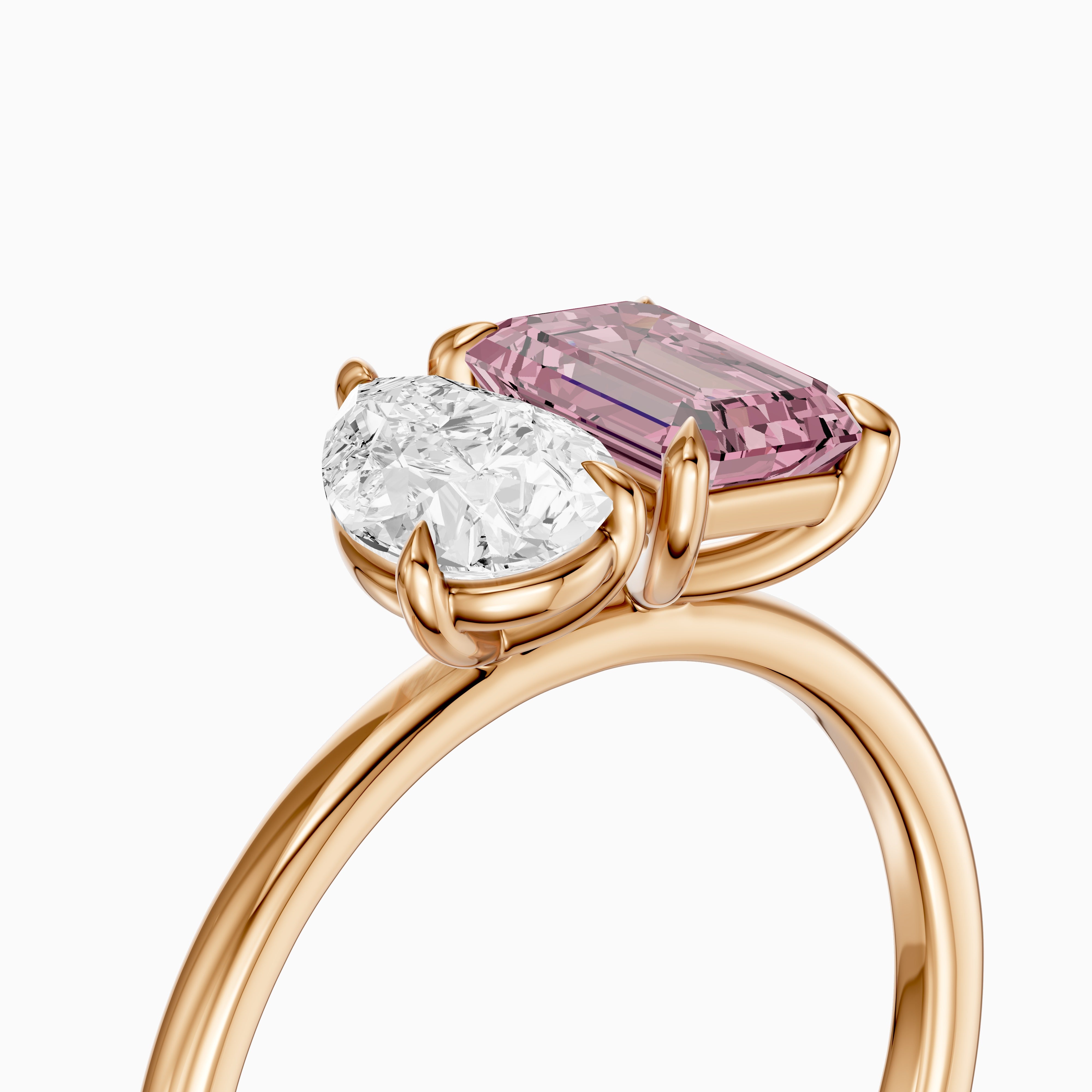 Kiara Pink Emerald Cut and Pear Shape Color Lab Grown Diamond Toi et Moi Ring
