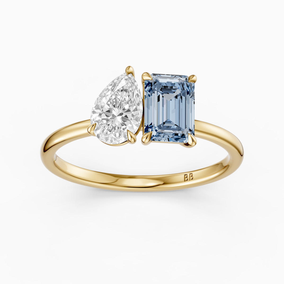 Runa Blue Emerald Cut and Pear Shape Color Lab Grown Diamond Toi et Moi Ring