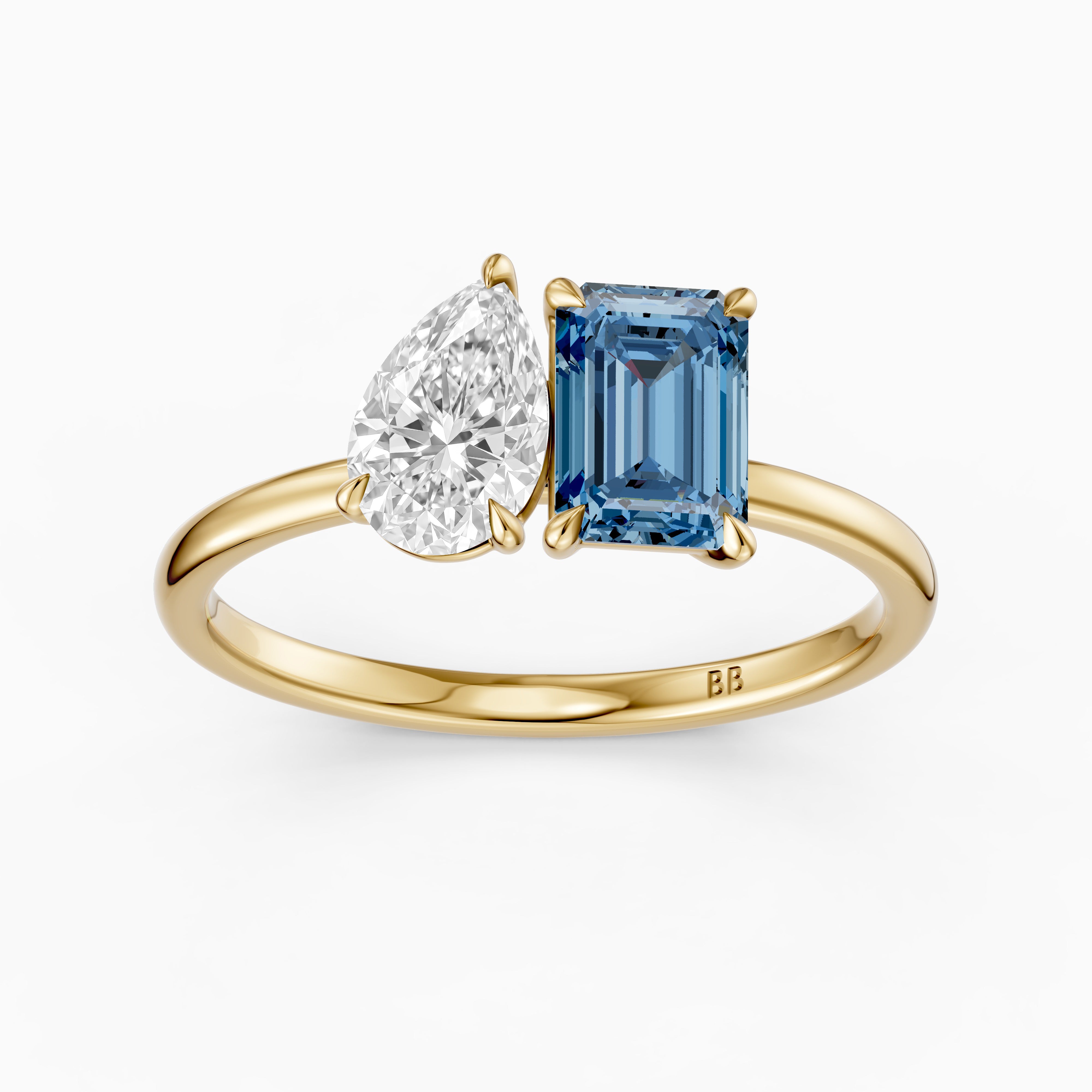 Runa Blue Emerald Cut and Pear Shape Color Lab Grown Diamond Toi et Moi Ring