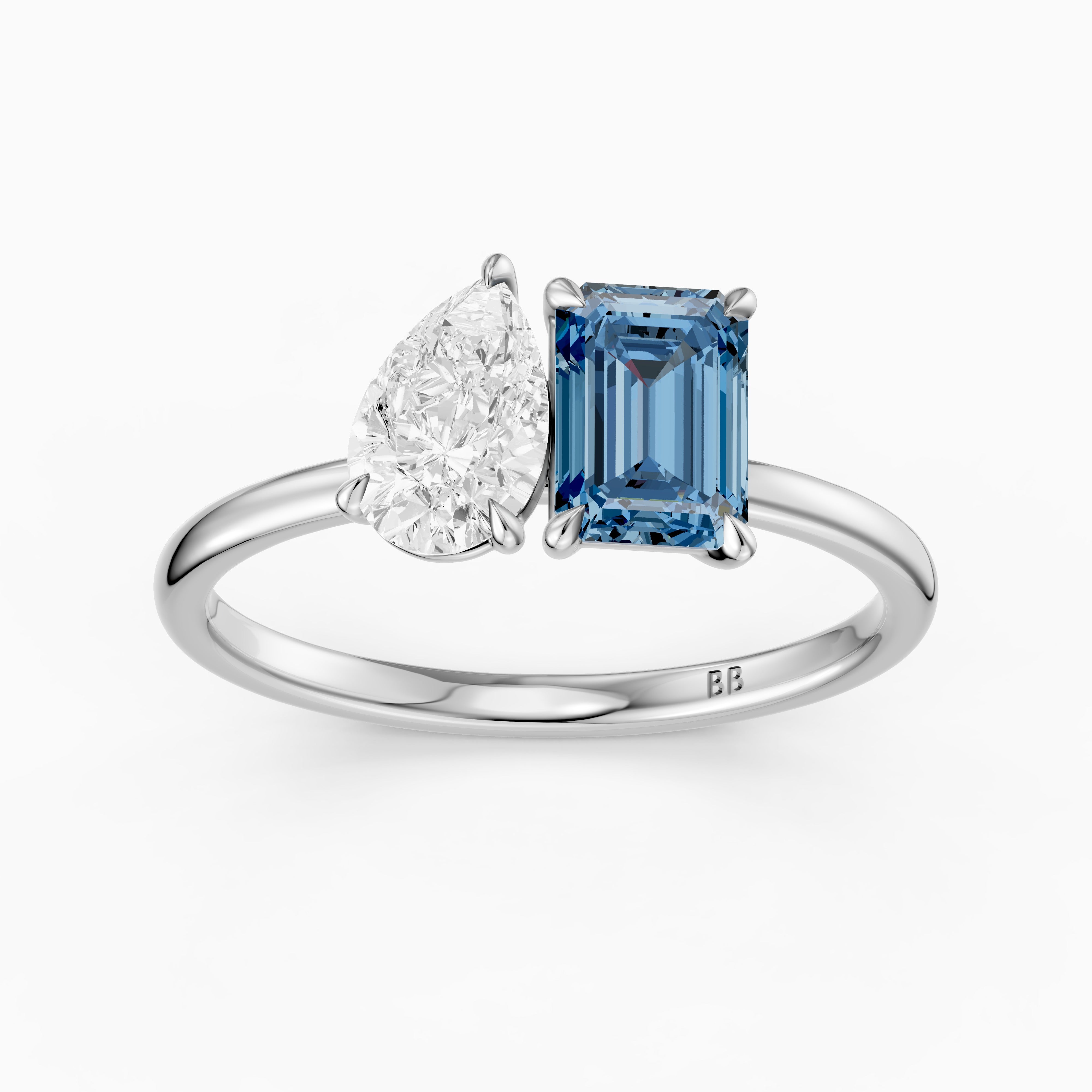Runa Blue Emerald Cut and Pear Shape Color Lab Grown Diamond Toi et Moi Ring