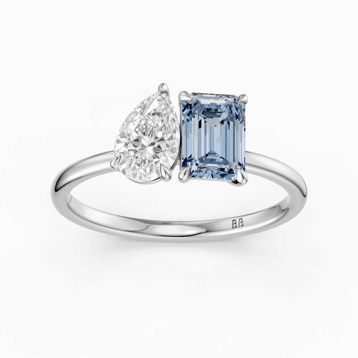 Runa Blue Emerald Cut and Pear Shape Color Lab Grown Diamond Toi et Moi Ring