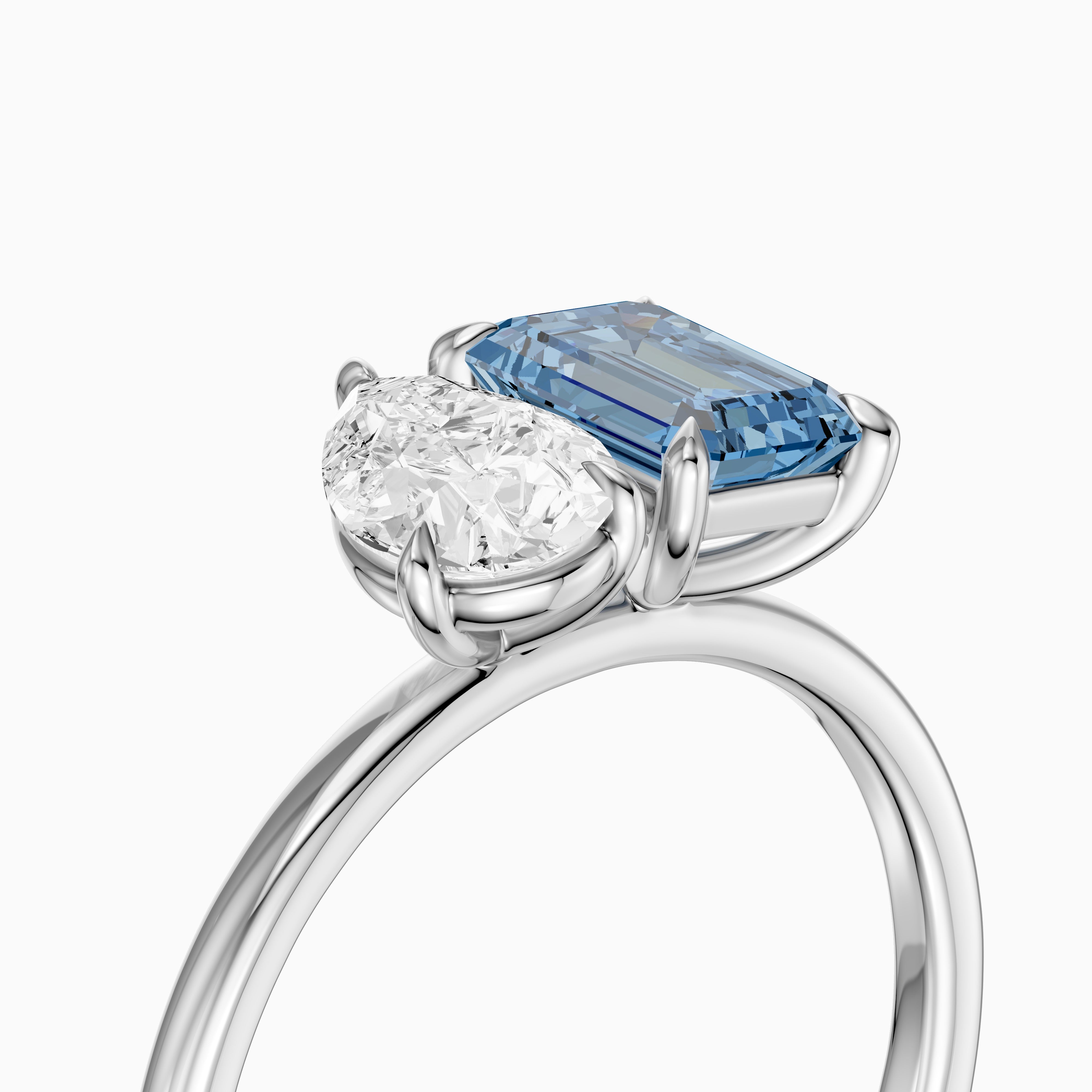 Runa Blue Emerald Cut and Pear Shape Color Lab Grown Diamond Toi et Moi Ring
