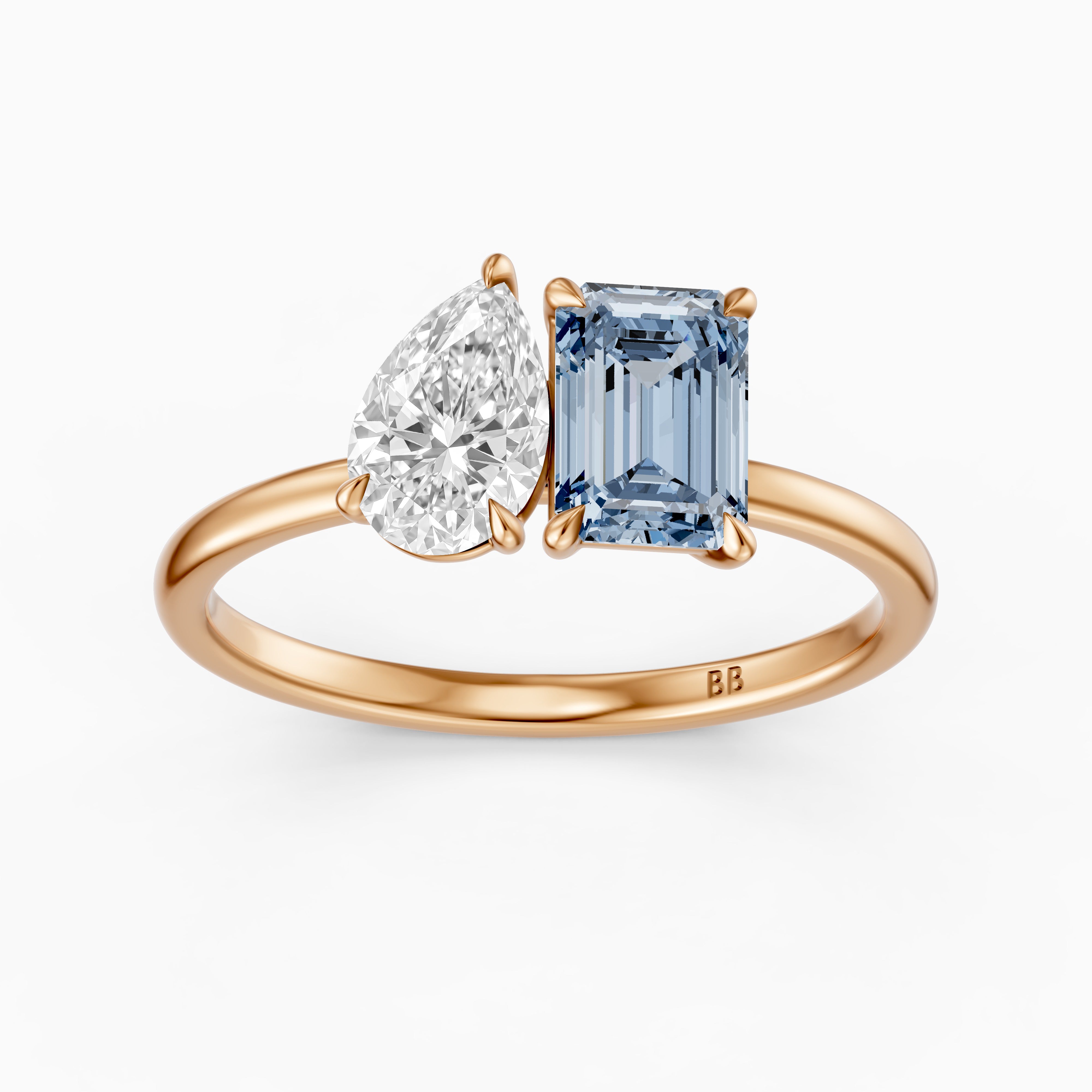 Runa Blue Emerald Cut and Pear Shape Color Lab Grown Diamond Toi et Moi Ring