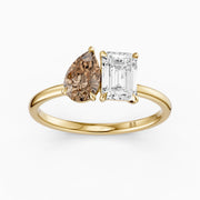 Elettra Champagne Pear and Emerald Cut Color Lab Grown Diamond Toi et Moi Ring