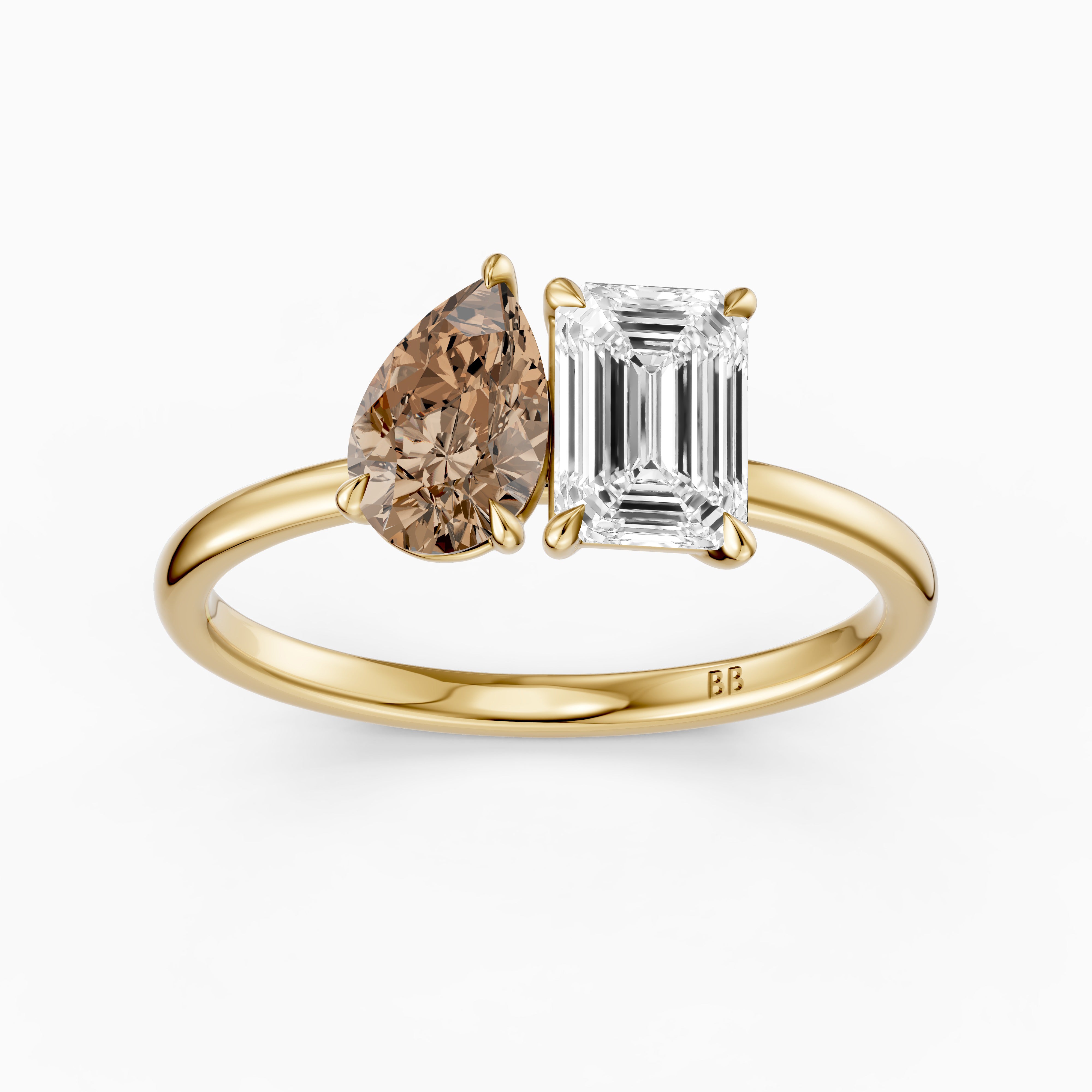 Elettra Champagne Pear and Emerald Cut Color Lab Grown Diamond Toi et Moi Ring