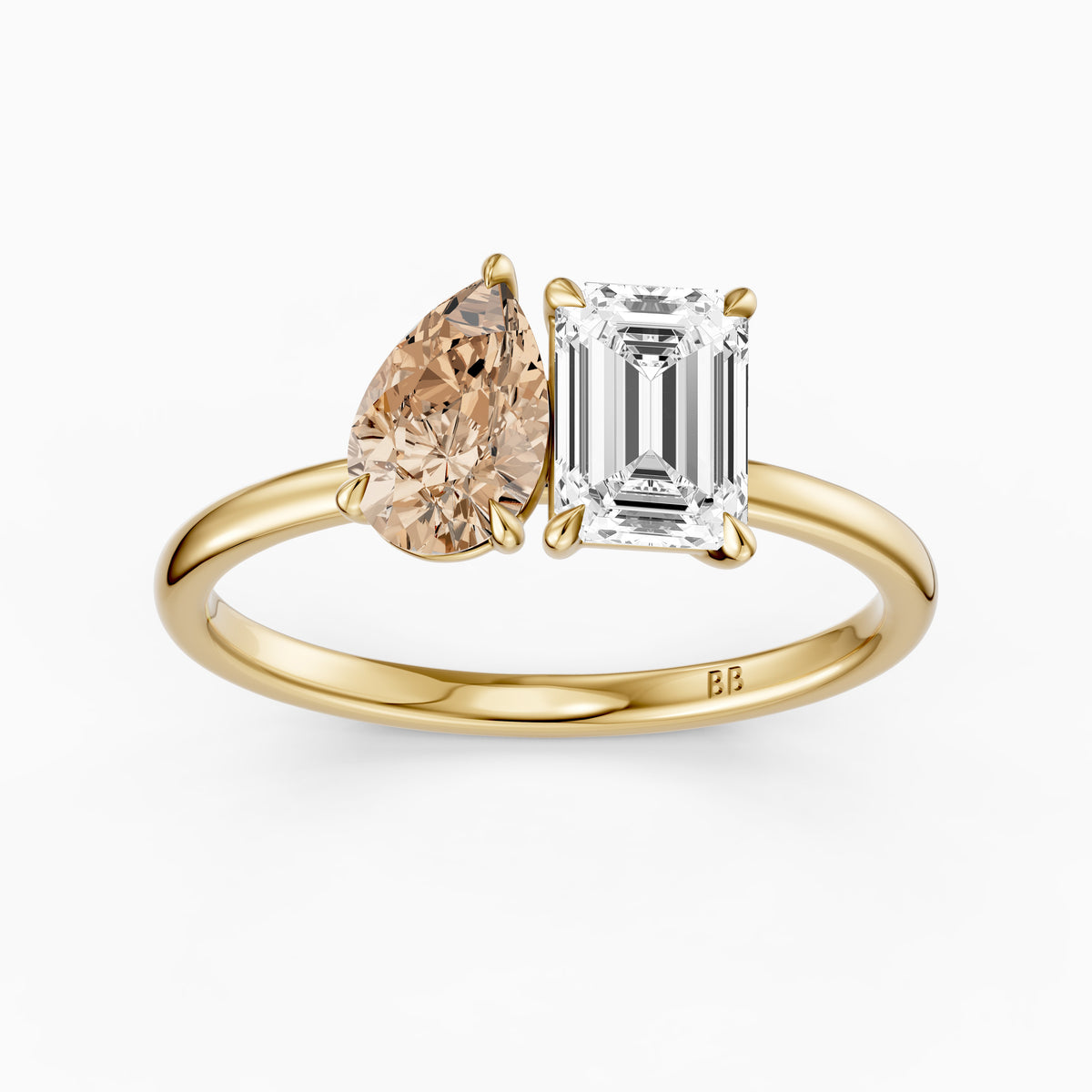 Elettra Champagne Pear and Emerald Cut Color Lab Grown Diamond Toi et Moi Ring