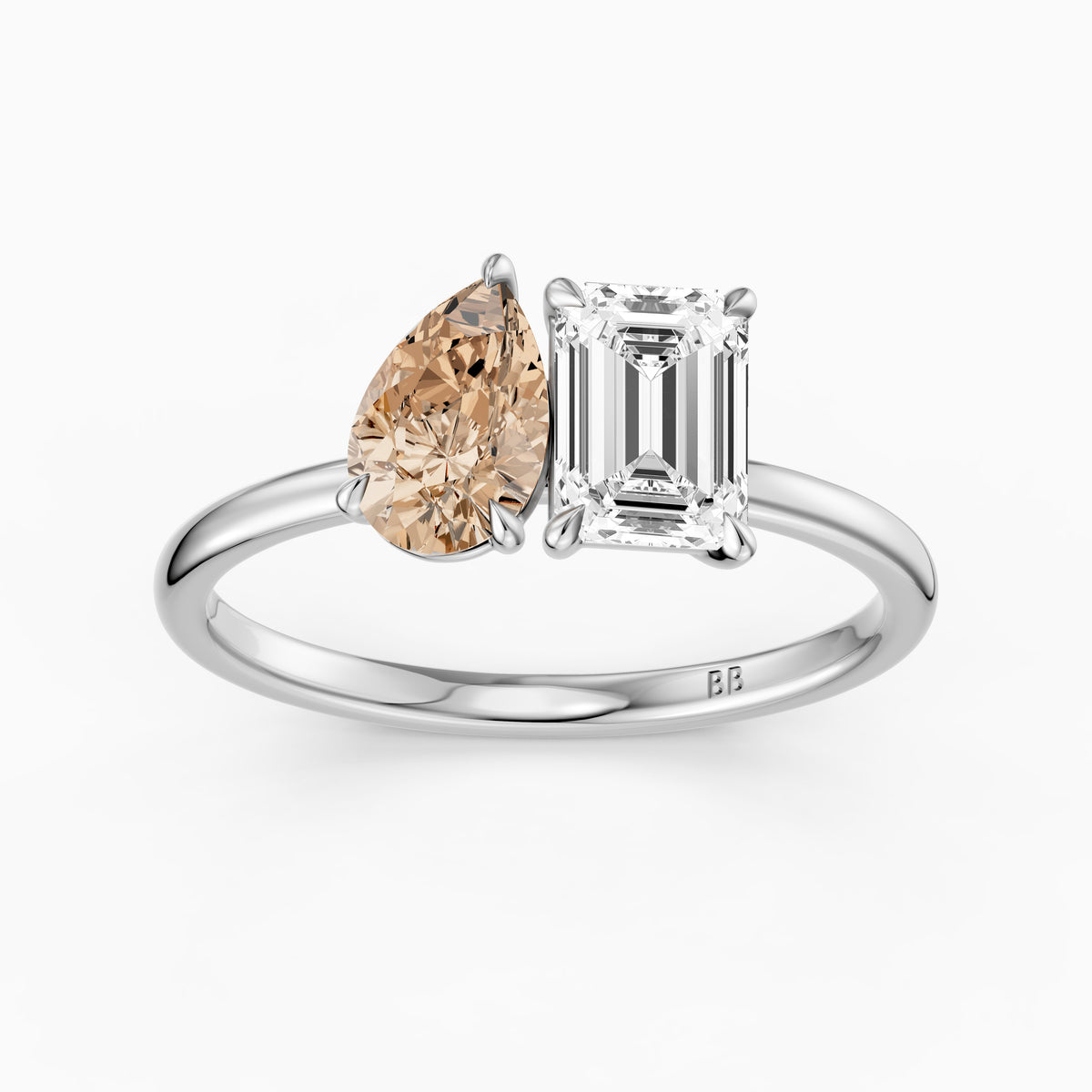 Elettra Champagne Pear and Emerald Cut Color Lab Grown Diamond Toi et Moi Ring