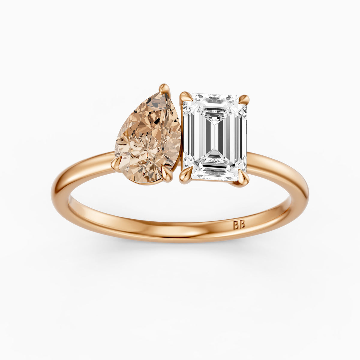 Elettra Champagne Pear and Emerald Cut Color Lab Grown Diamond Toi et Moi Ring