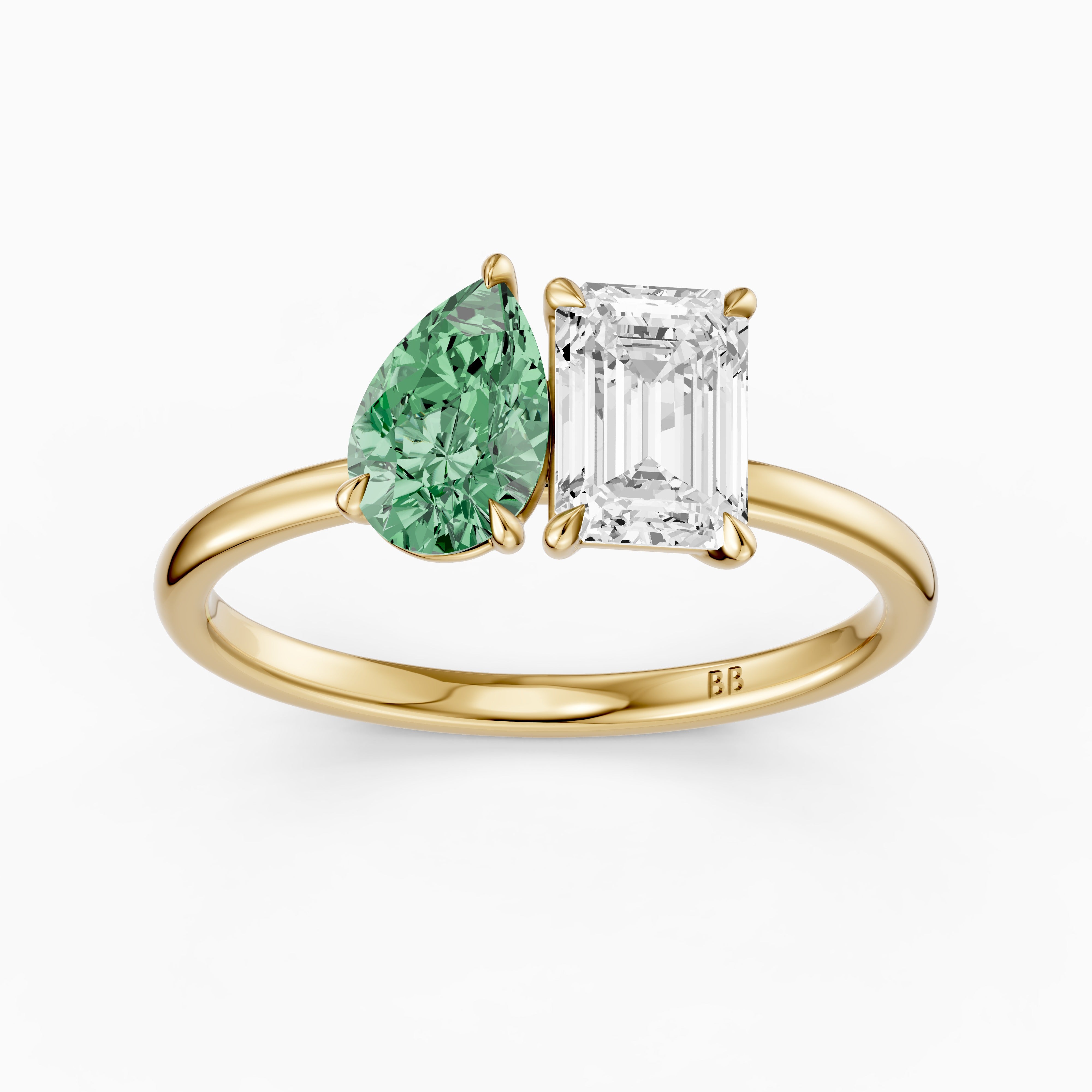 Nevena Green Pear and Emerald Cut Color Lab Grown Diamond Toi et Moi Ring