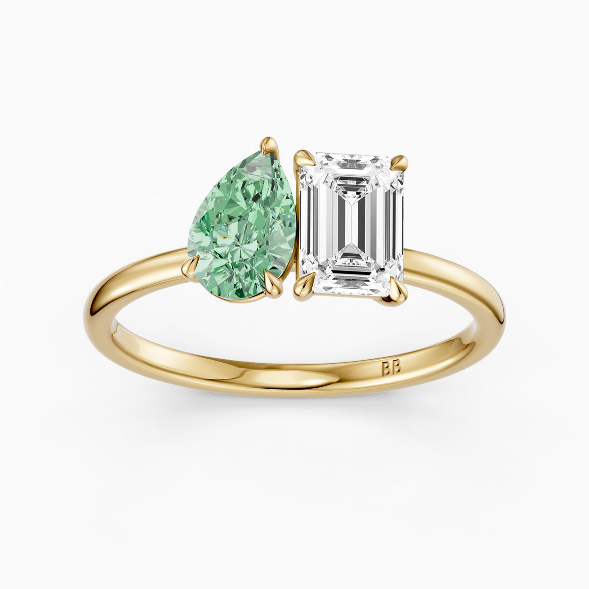 Nevena Green Pear and Emerald Cut Color Lab Grown Diamond Toi et Moi Ring