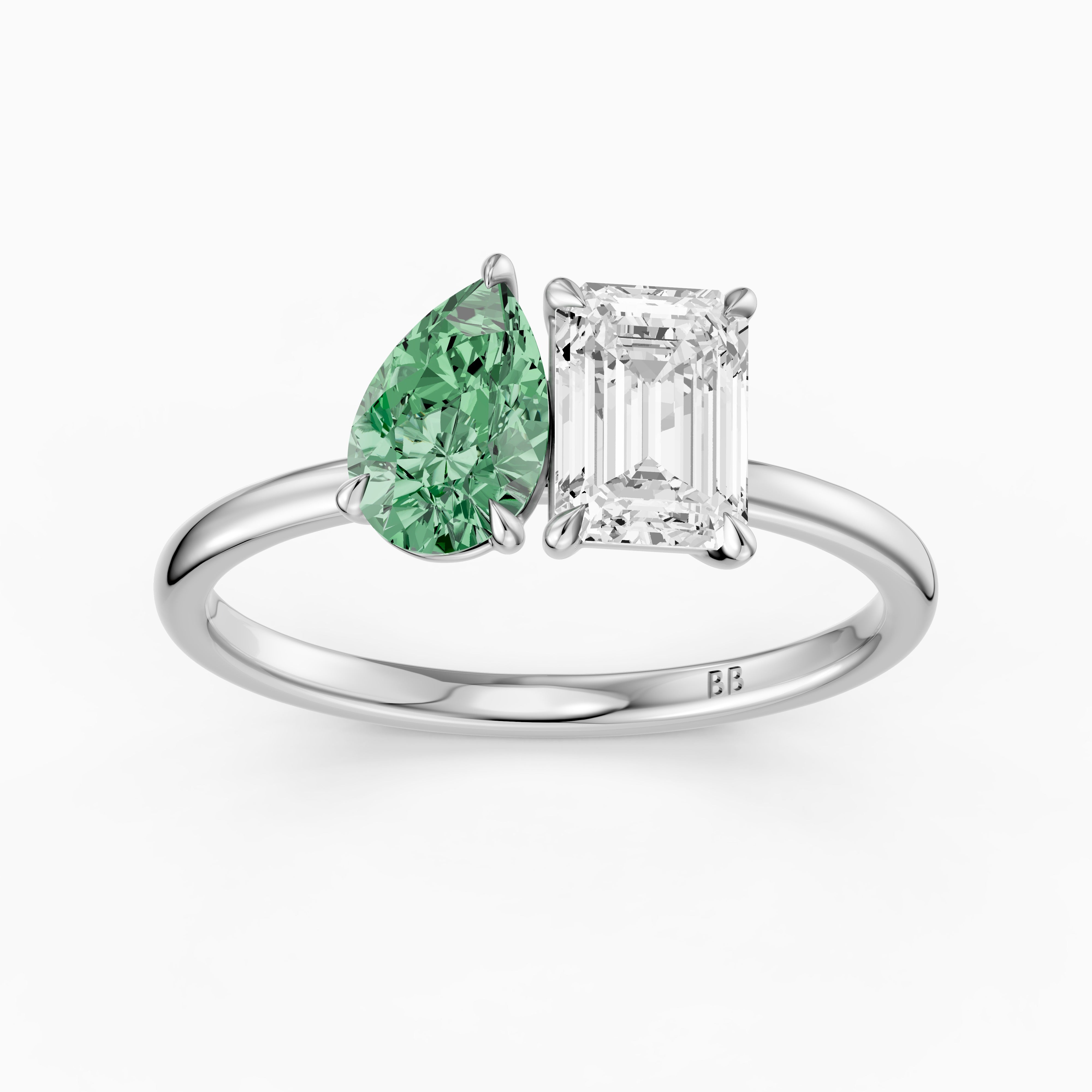 Nevena Green Pear and Emerald Cut Color Lab Grown Diamond Toi et Moi Ring