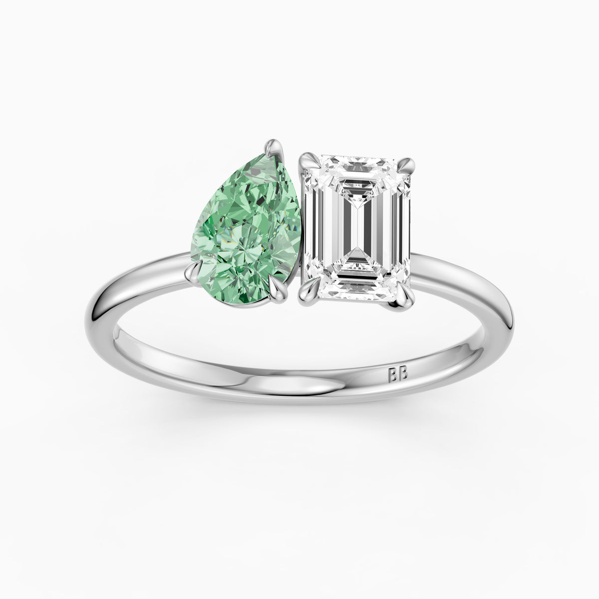 Nevena Green Pear and Emerald Cut Color Lab Grown Diamond Toi et Moi Ring